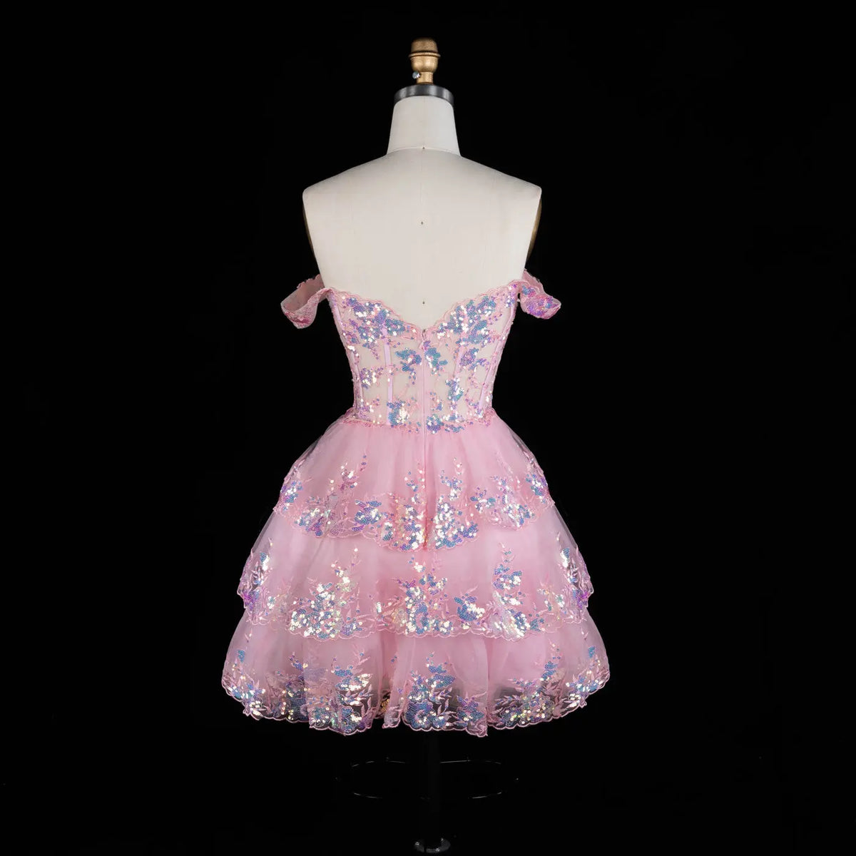 Champagne Sequin Tiered Ballgown Homecoming Dress RM156 Sheer Fairy