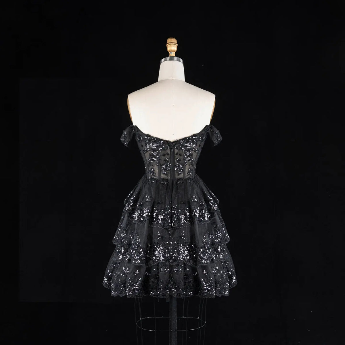 Champagne Sequin Tiered Ballgown Homecoming Dress RM156 Sheer Fairy