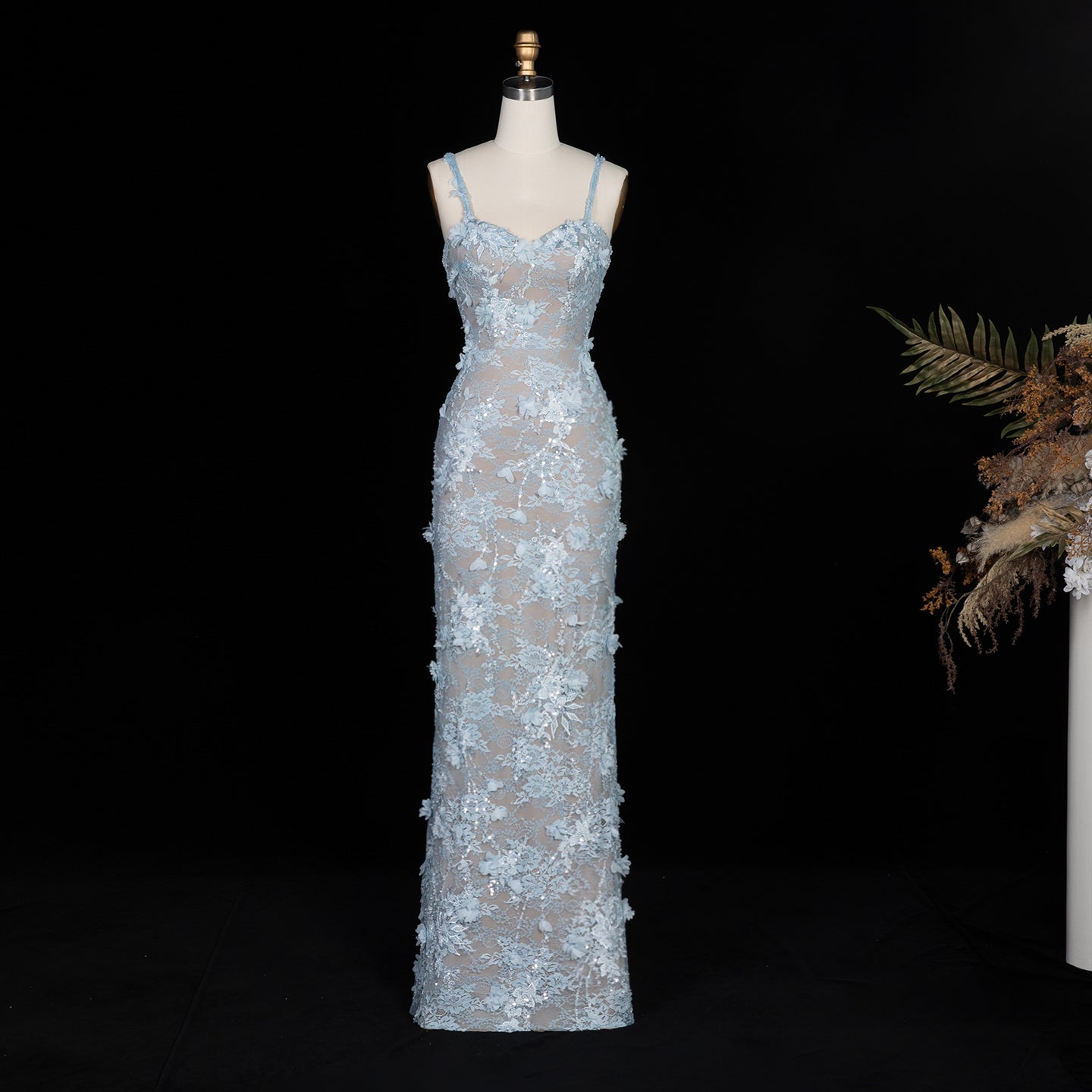 Blue Sequined Beaded Mermaid Sleeveless Prom Dress SF523 Sheer Fairy