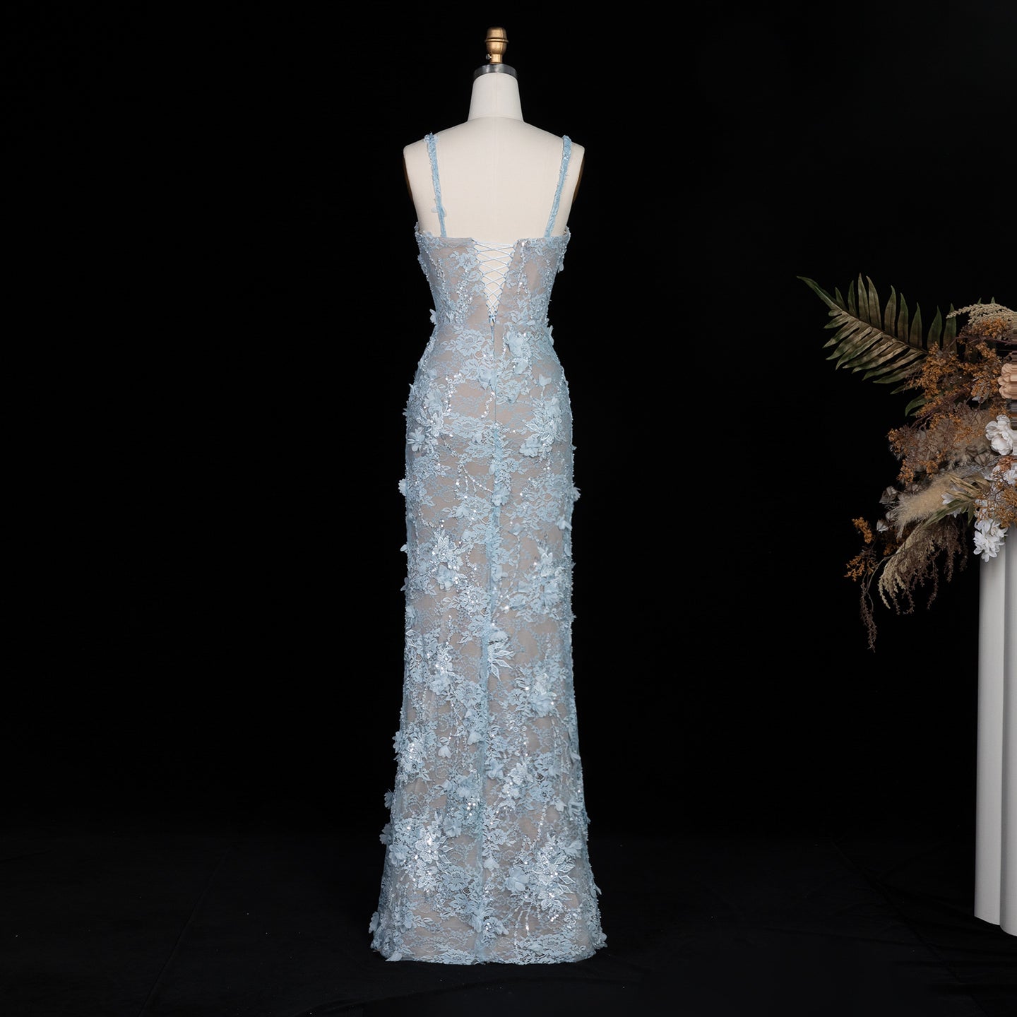 Blue Sequined Beaded Mermaid Sleeveless Prom Dress SF523 Sheer Fairy