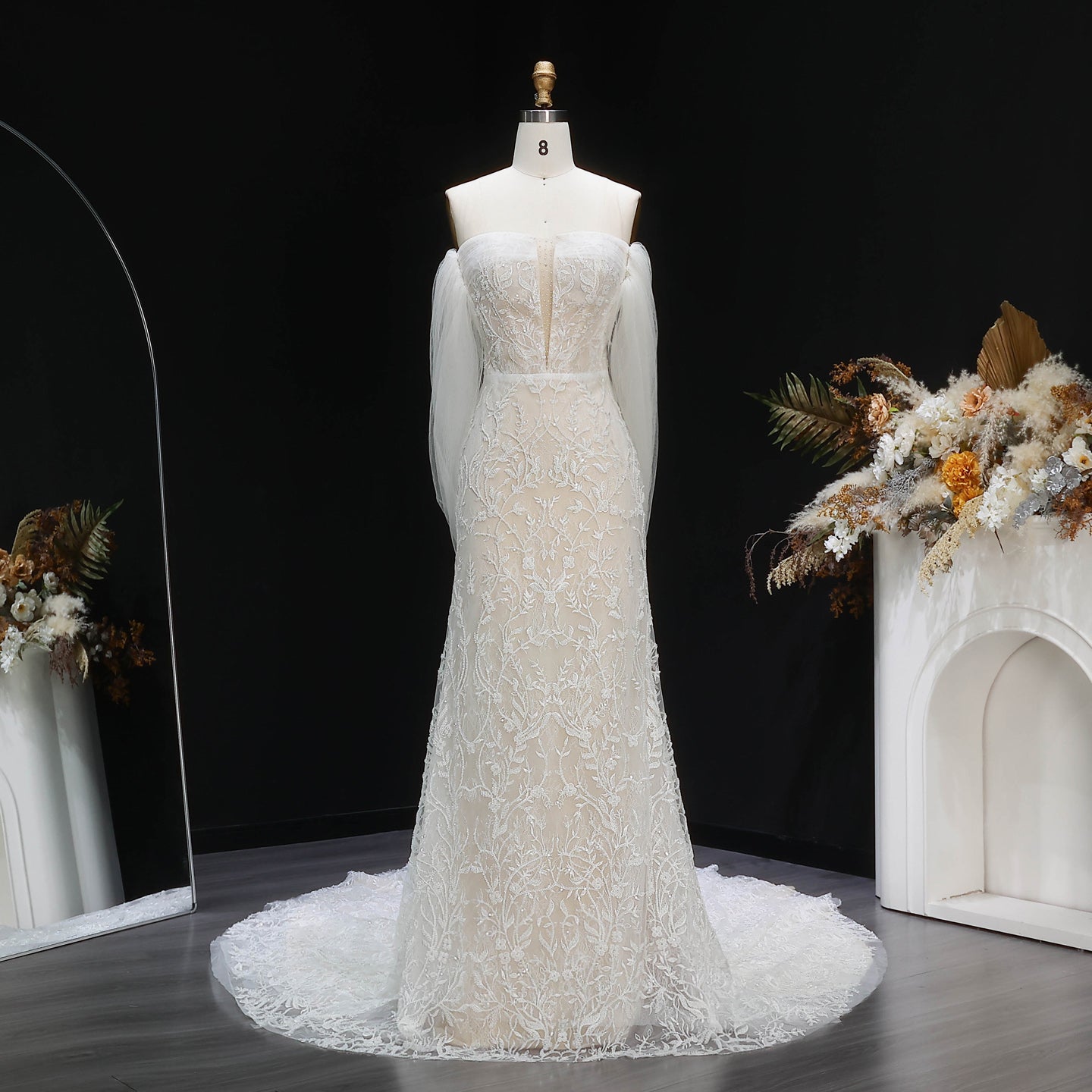 Ivory  Romantic A-Line Satin Wedding Dress 3D Rose Floral With Veil  SW661（副本） Sheer Fairy