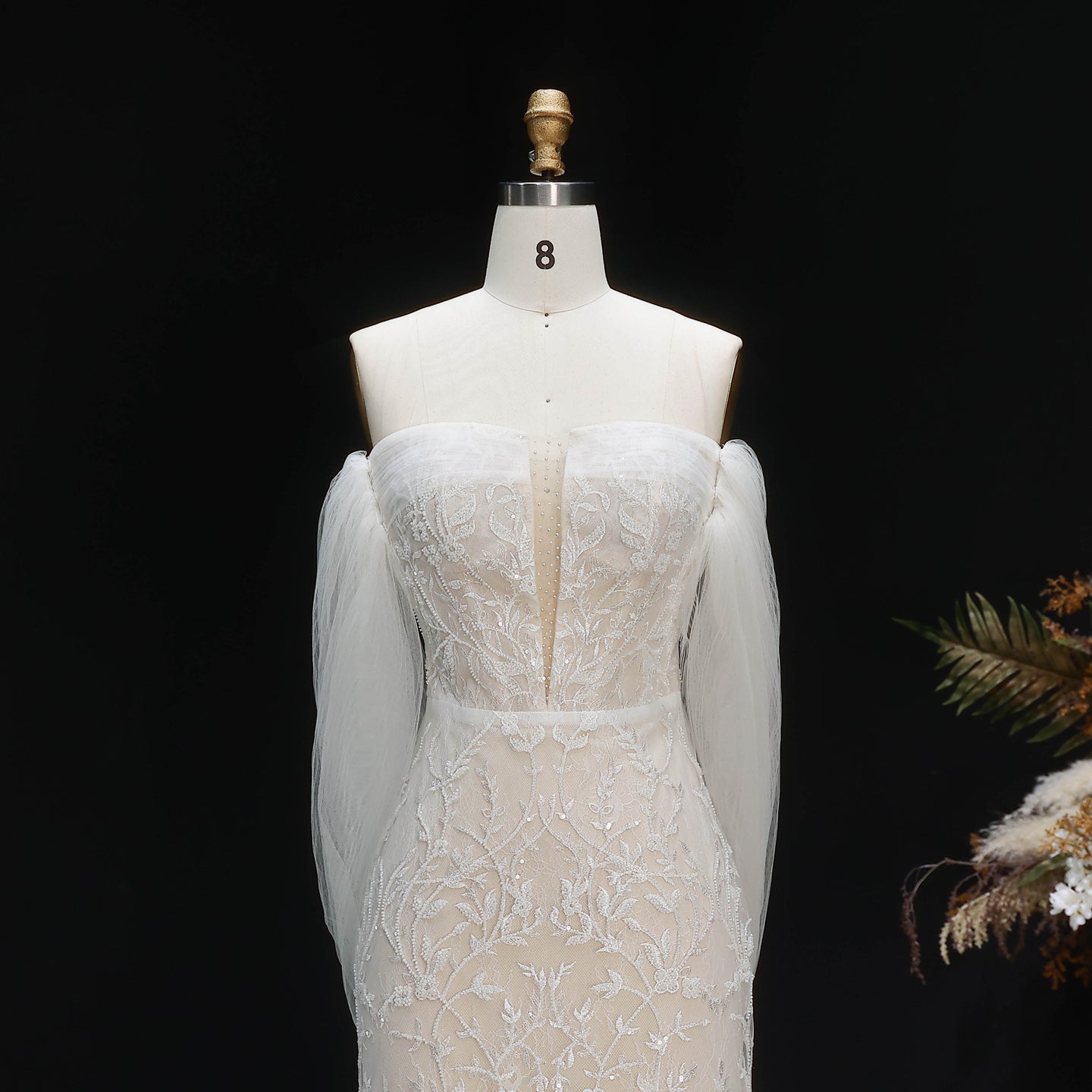 Ivory  Romantic A-Line Satin Wedding Dress 3D Rose Floral With Veil  SW661（副本） Sheer Fairy
