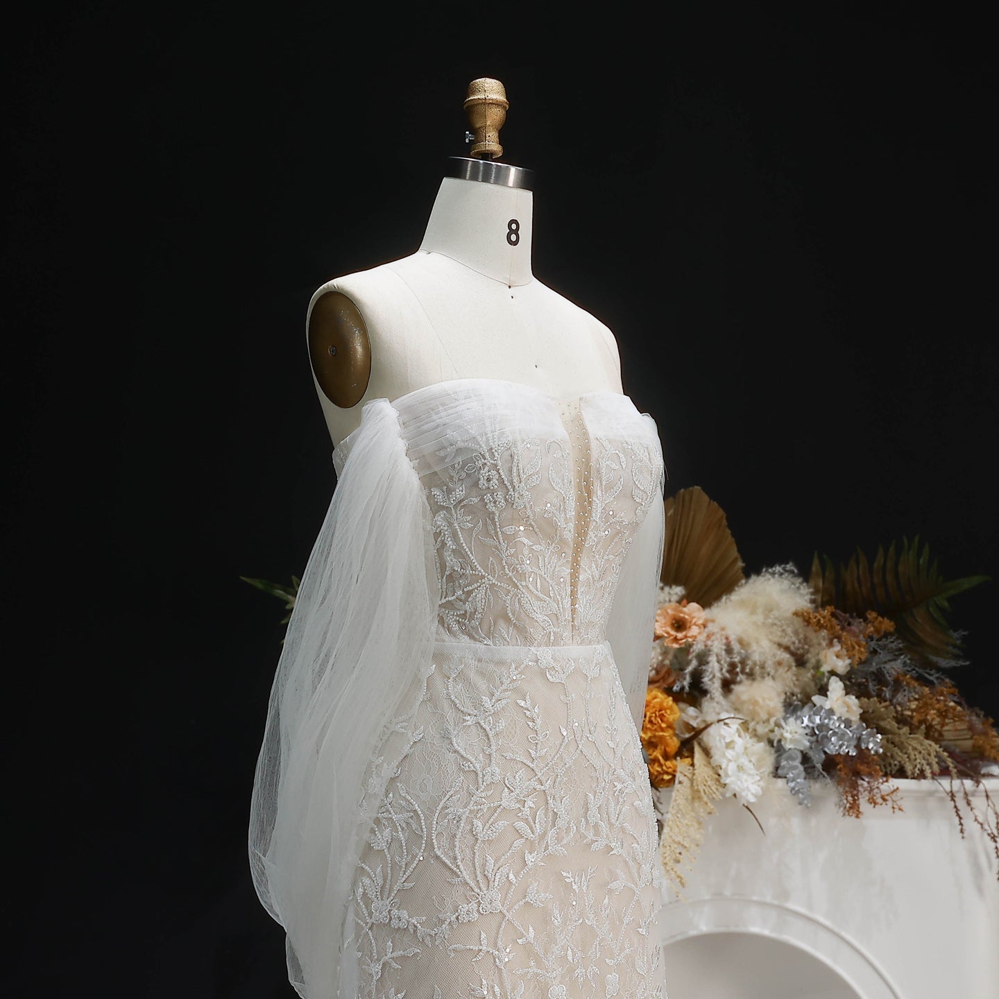 Ivory  Romantic A-Line Satin Wedding Dress 3D Rose Floral With Veil  SW661（副本） Sheer Fairy