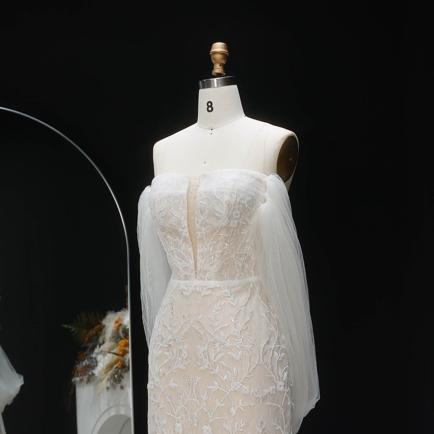Ivory  Romantic A-Line Satin Wedding Dress 3D Rose Floral With Veil  SW661（副本） Sheer Fairy