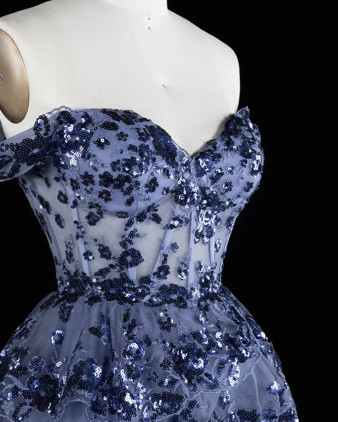 Champagne Sequin Tiered Ballgown Homecoming Dress RM156 Sheer Fairy