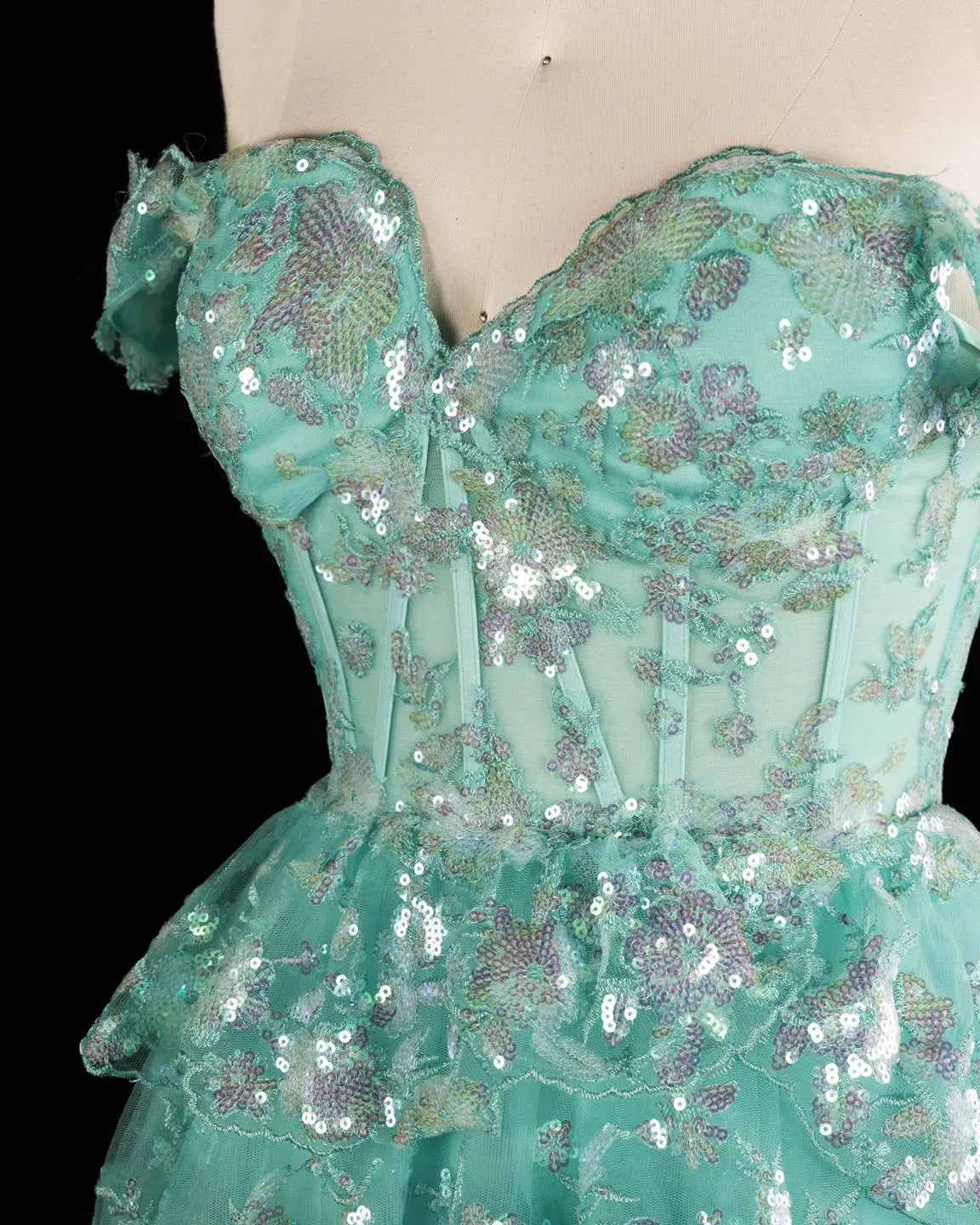 Champagne Sequin Tiered Ballgown Homecoming Dress RM156 Sheer Fairy