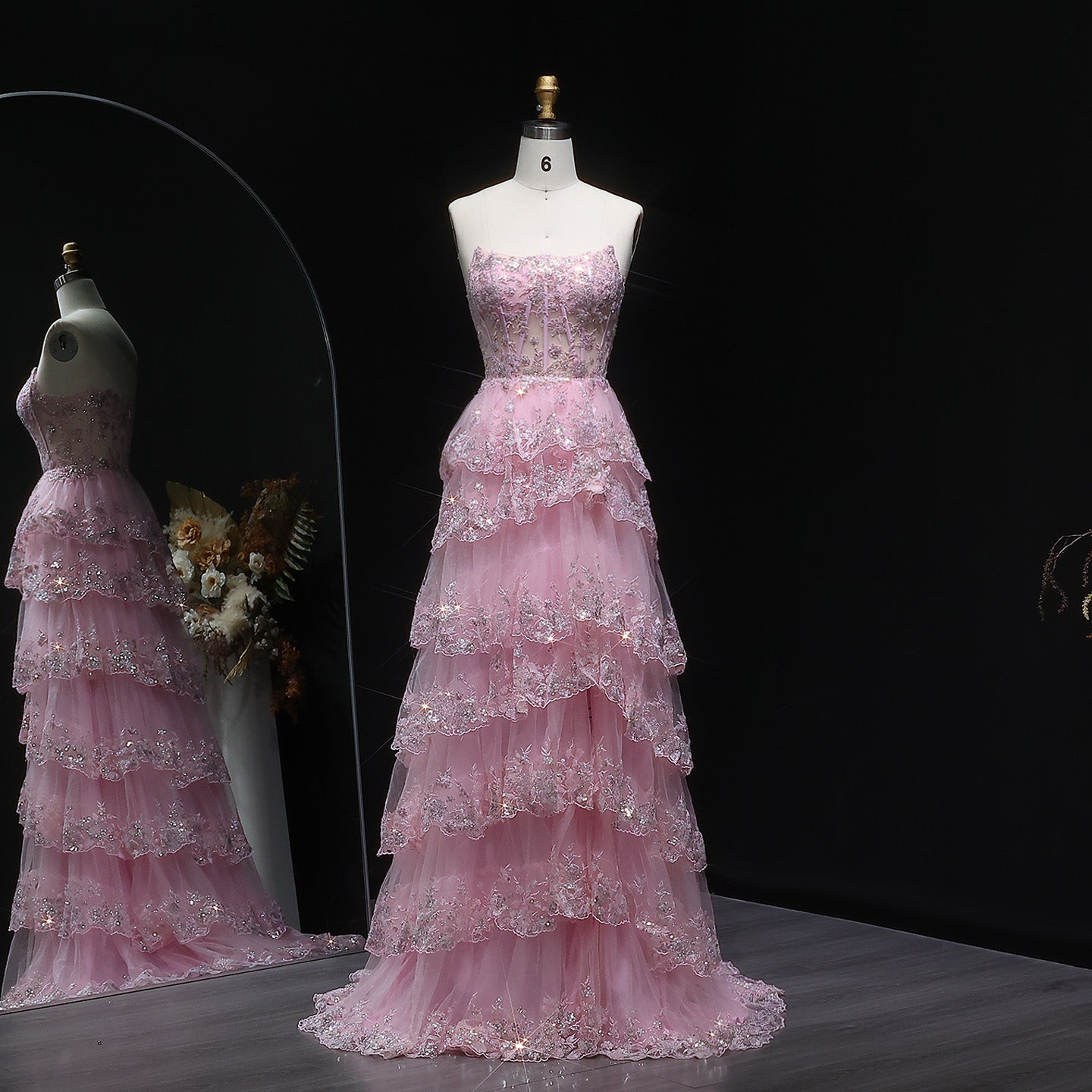 Strapless Ruffled Lace Sequin A-Line Prom Dress SH162