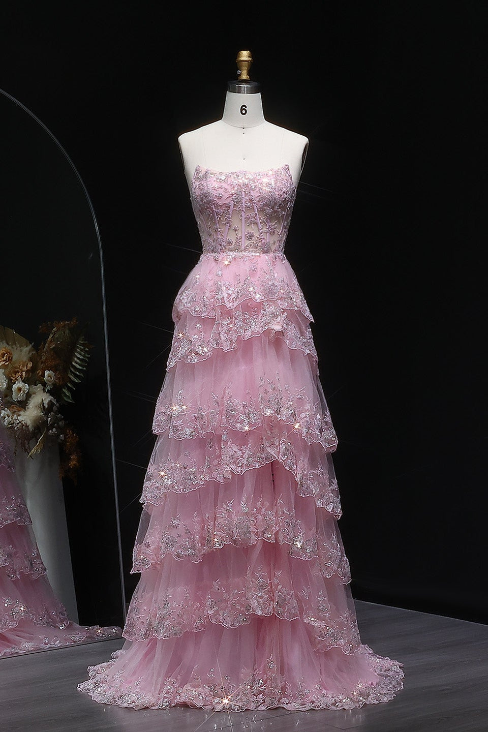 Strapless Ruffled Lace Sequin A-Line Prom Dress SH162 Sheer Fairy