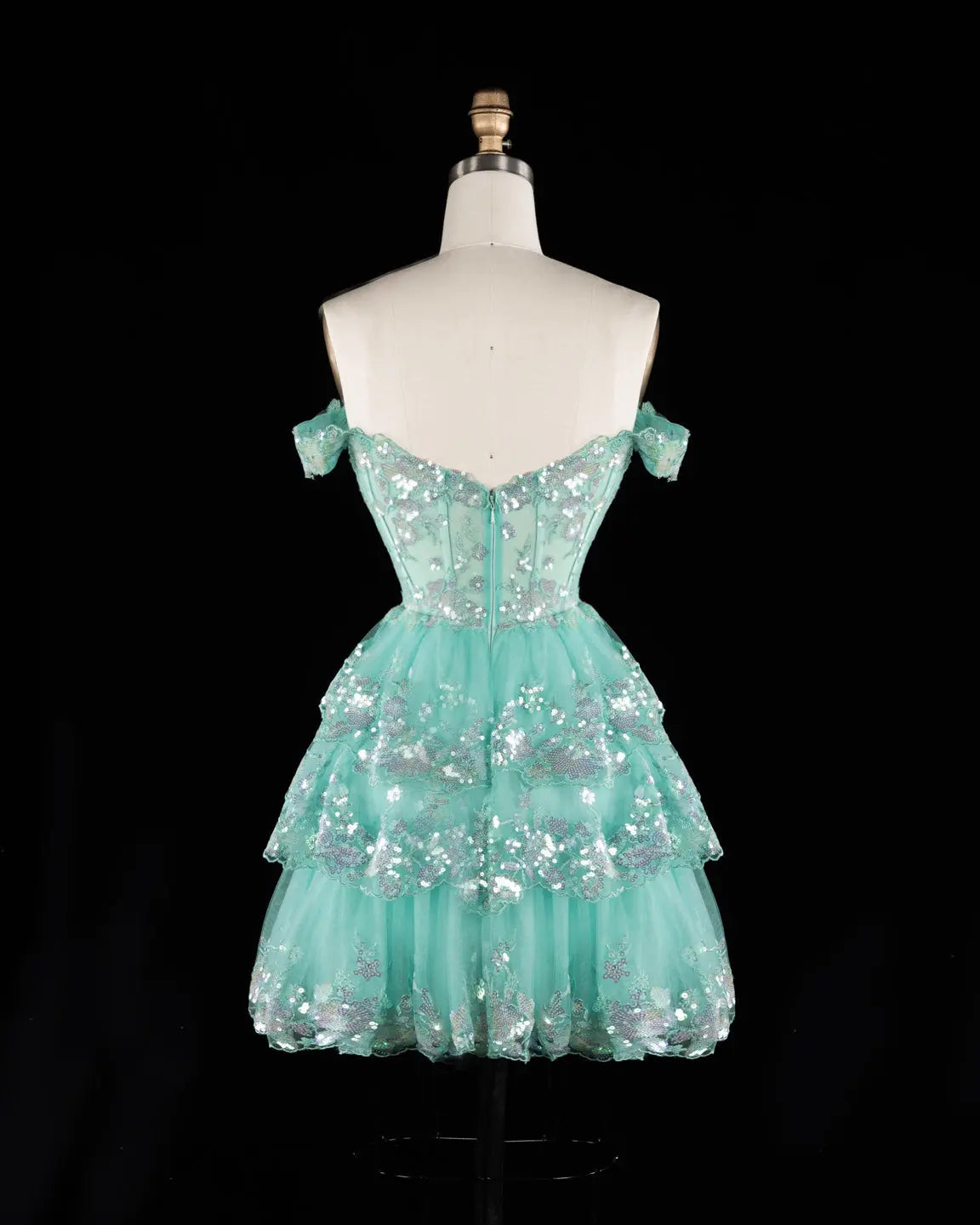 Champagne Sequin Tiered Ballgown Homecoming Dress RM156 Sheer Fairy