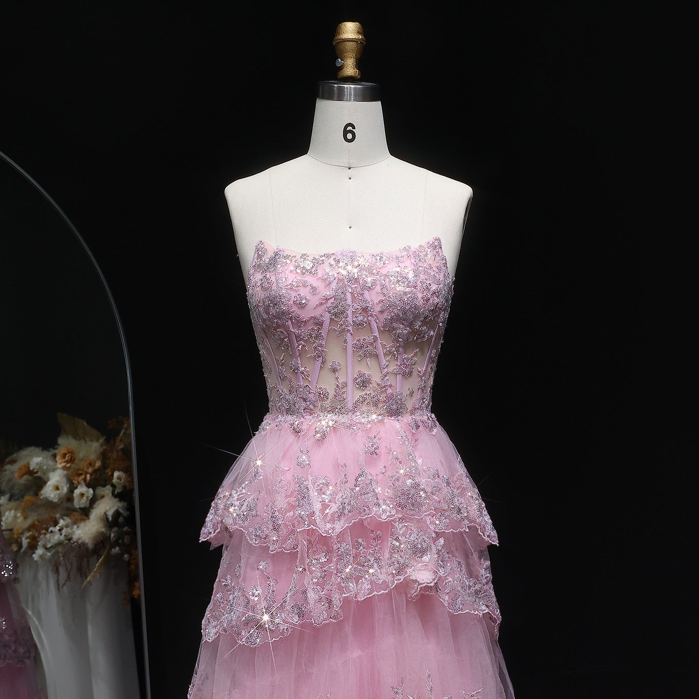 Strapless Ruffled Lace Sequin A-Line Prom Dress SH162