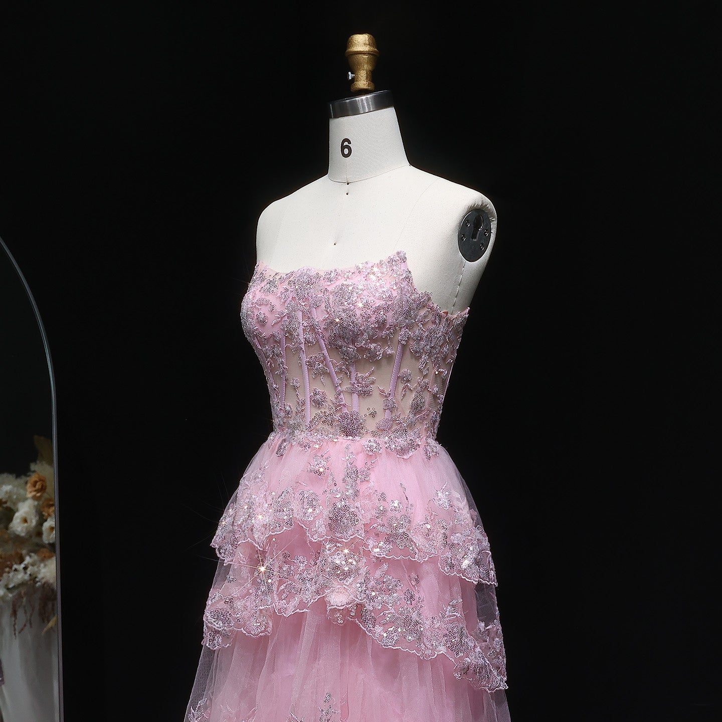 Strapless Ruffled Lace Sequin A-Line Prom Dress SH162