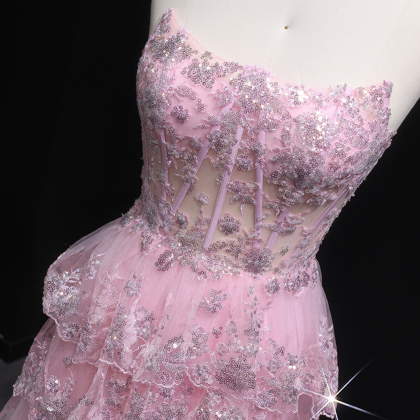 Strapless Ruffled Lace Sequin A-Line Prom Dress SH162