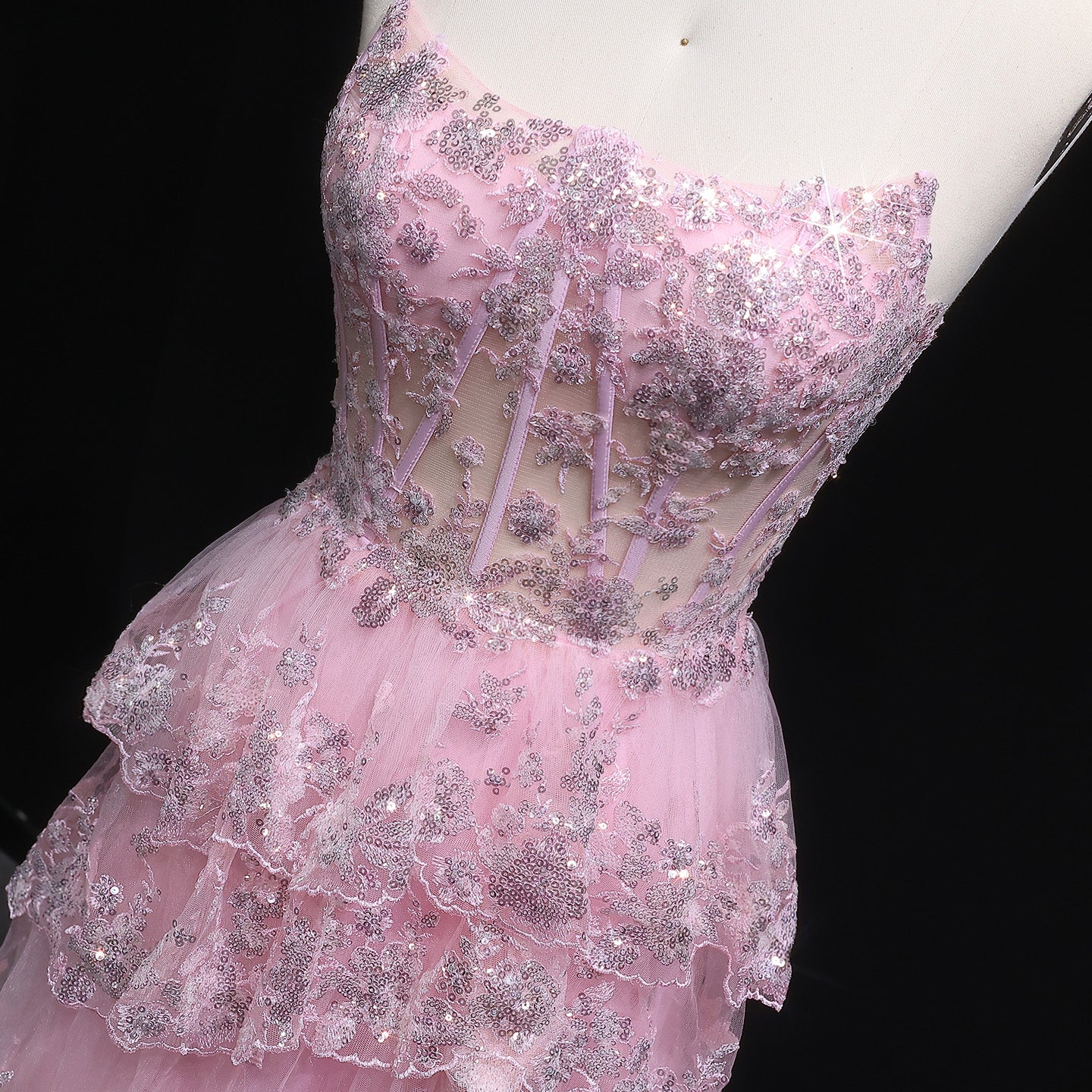 Strapless Ruffled Lace Sequin A-Line Prom Dress SH162