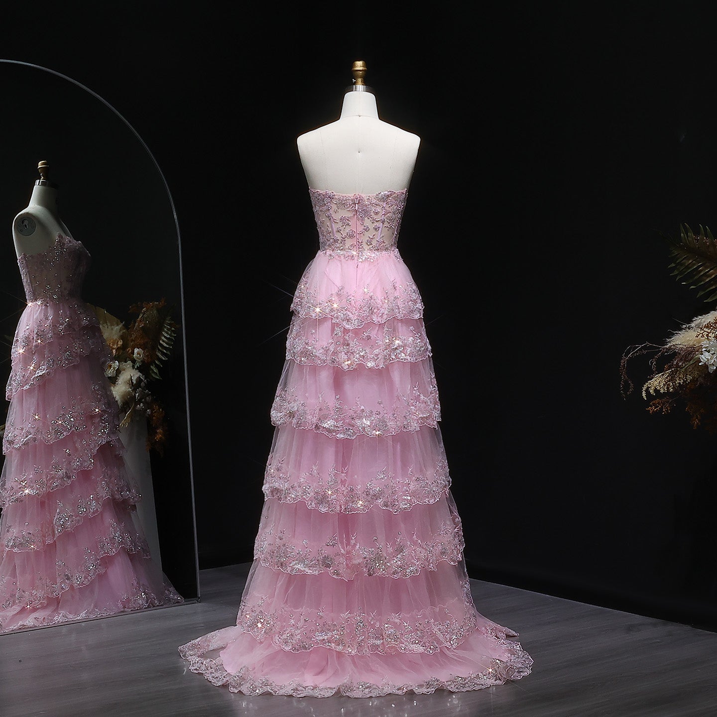 Strapless Ruffled Lace Sequin A-Line Prom Dress SH162