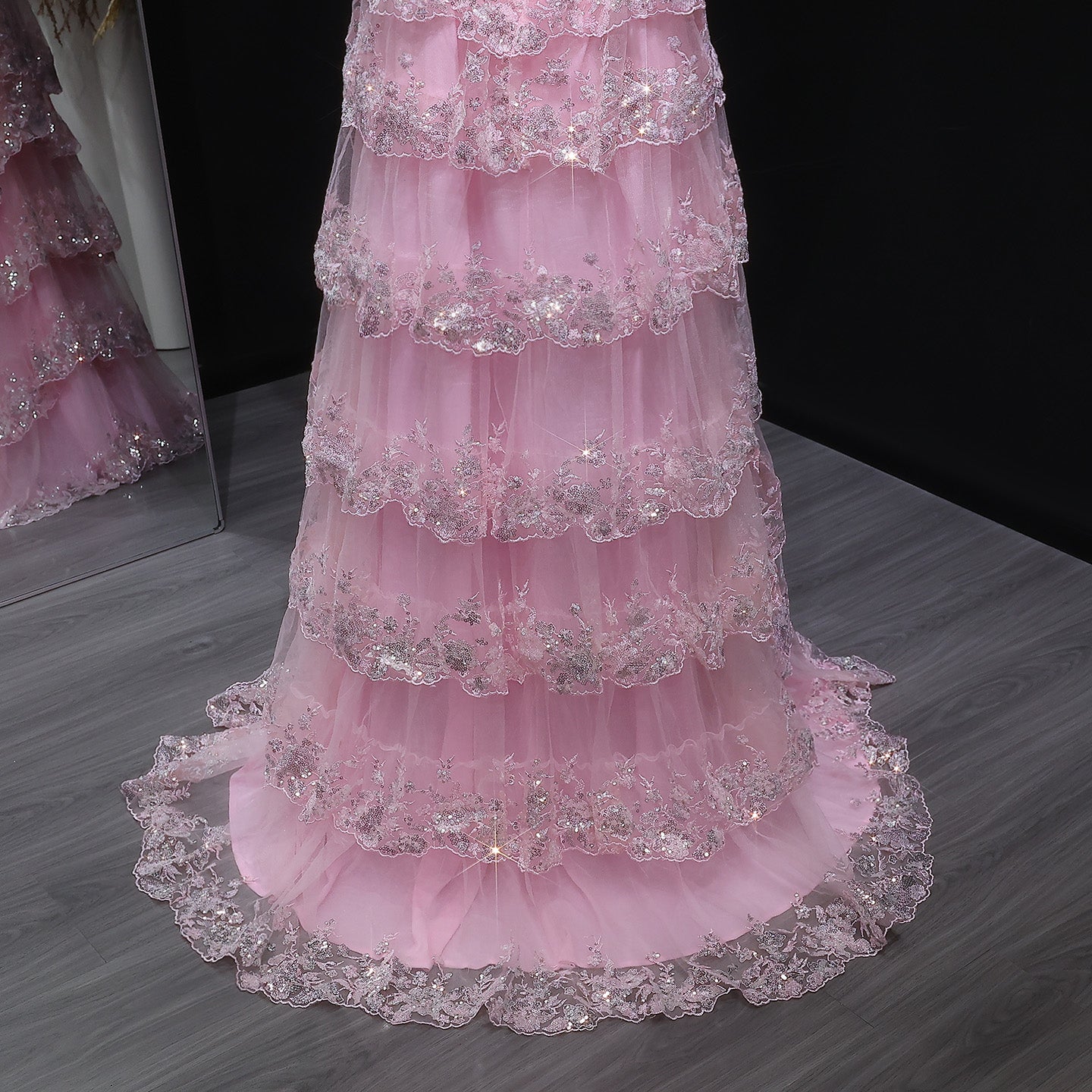 Strapless Ruffled Lace Sequin A-Line Prom Dress SH162