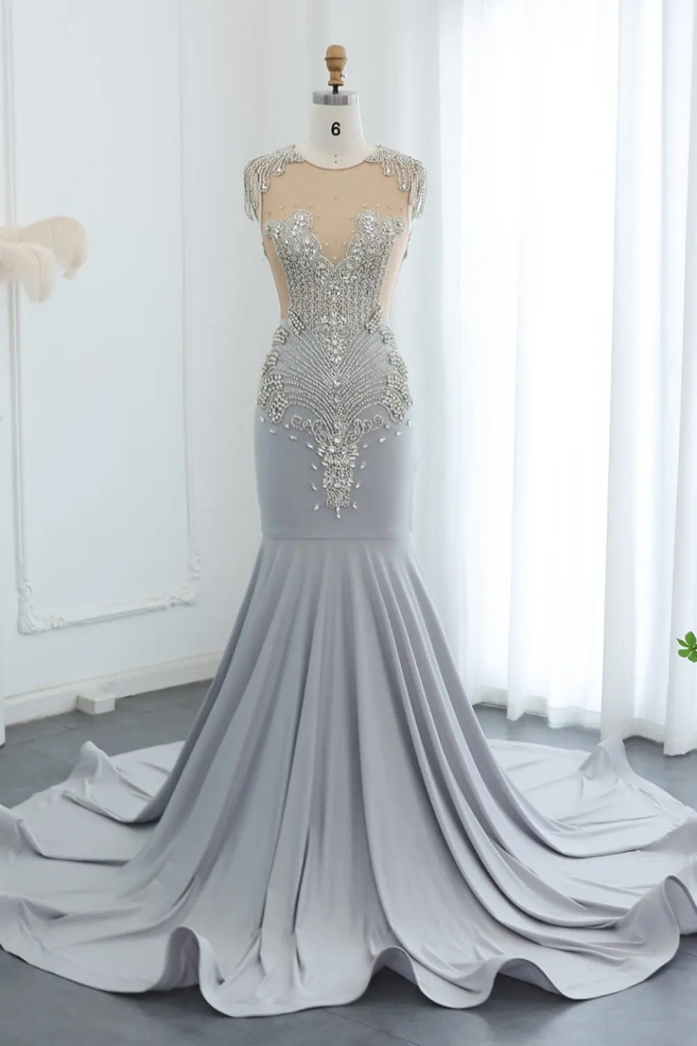 Crystal High Neck Rhinestone Mermaid Prom Dress SH017 Sheer Fairy