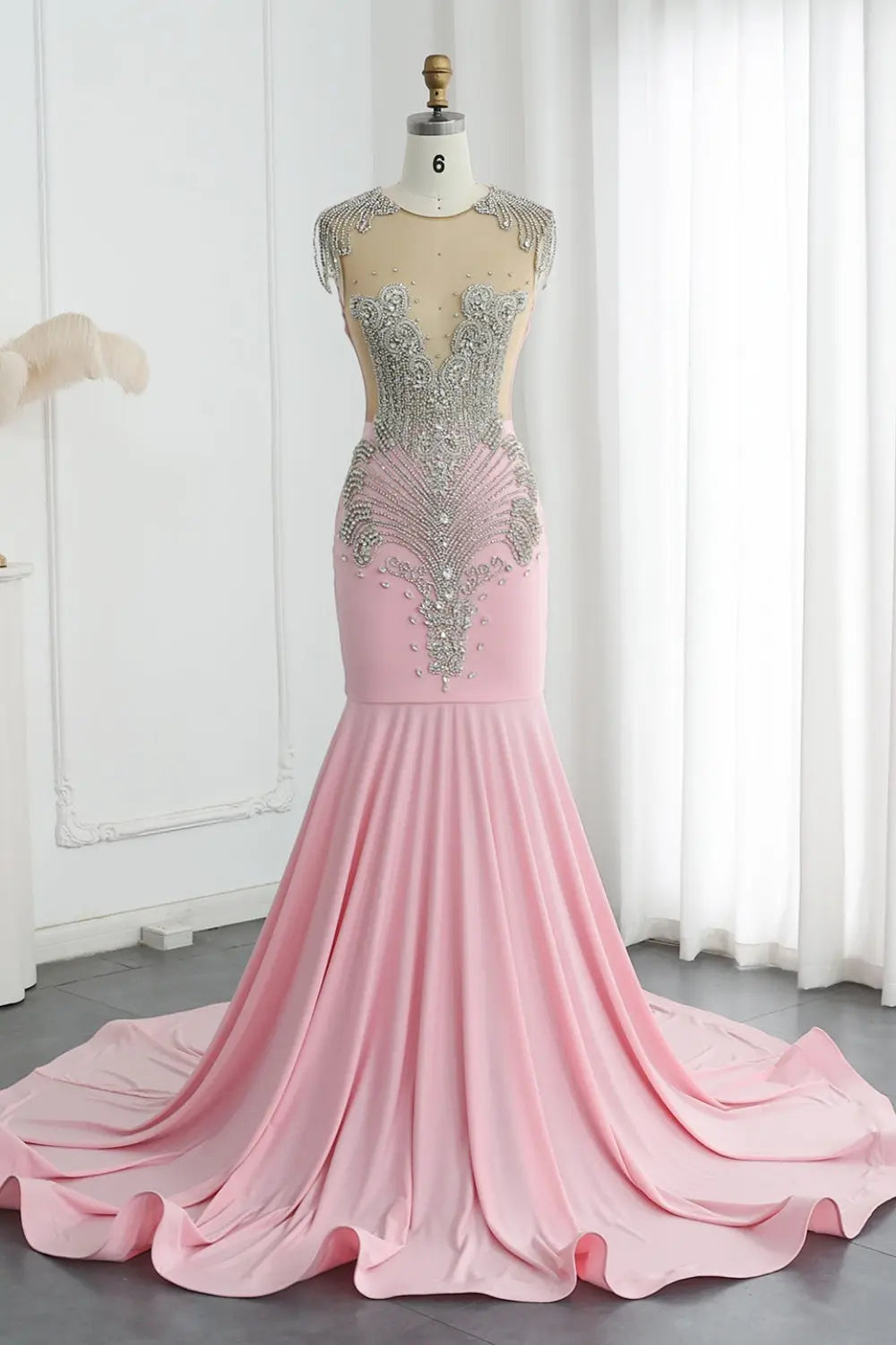 Crystal High Neck Rhinestone Mermaid Prom Dress SH017 Sheer Fairy