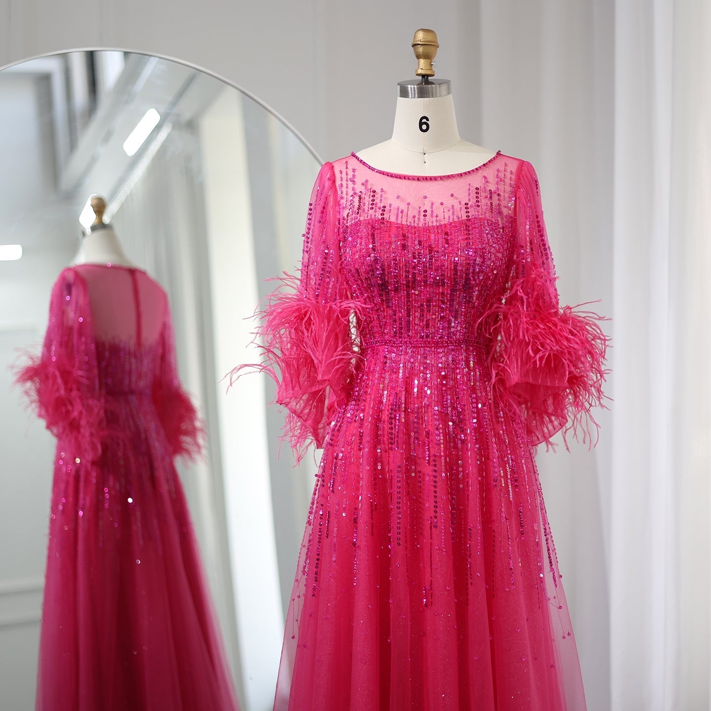 Half Sleeve Feather Sparkly Sequin Formal Evening Gown for Women SS339 Sheer Fairy