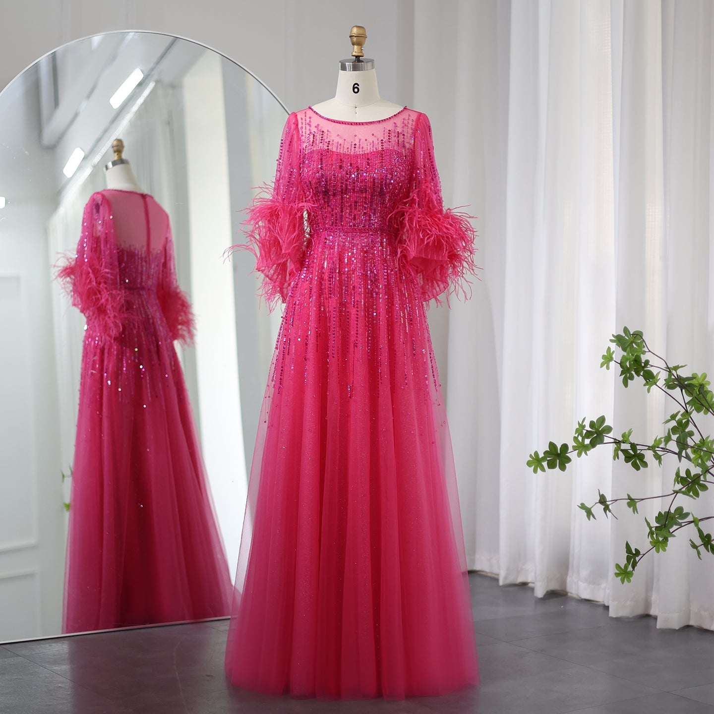 Half Sleeve Feather Sparkly Sequin Formal Evening Gown for Women SS339 Sheer Fairy