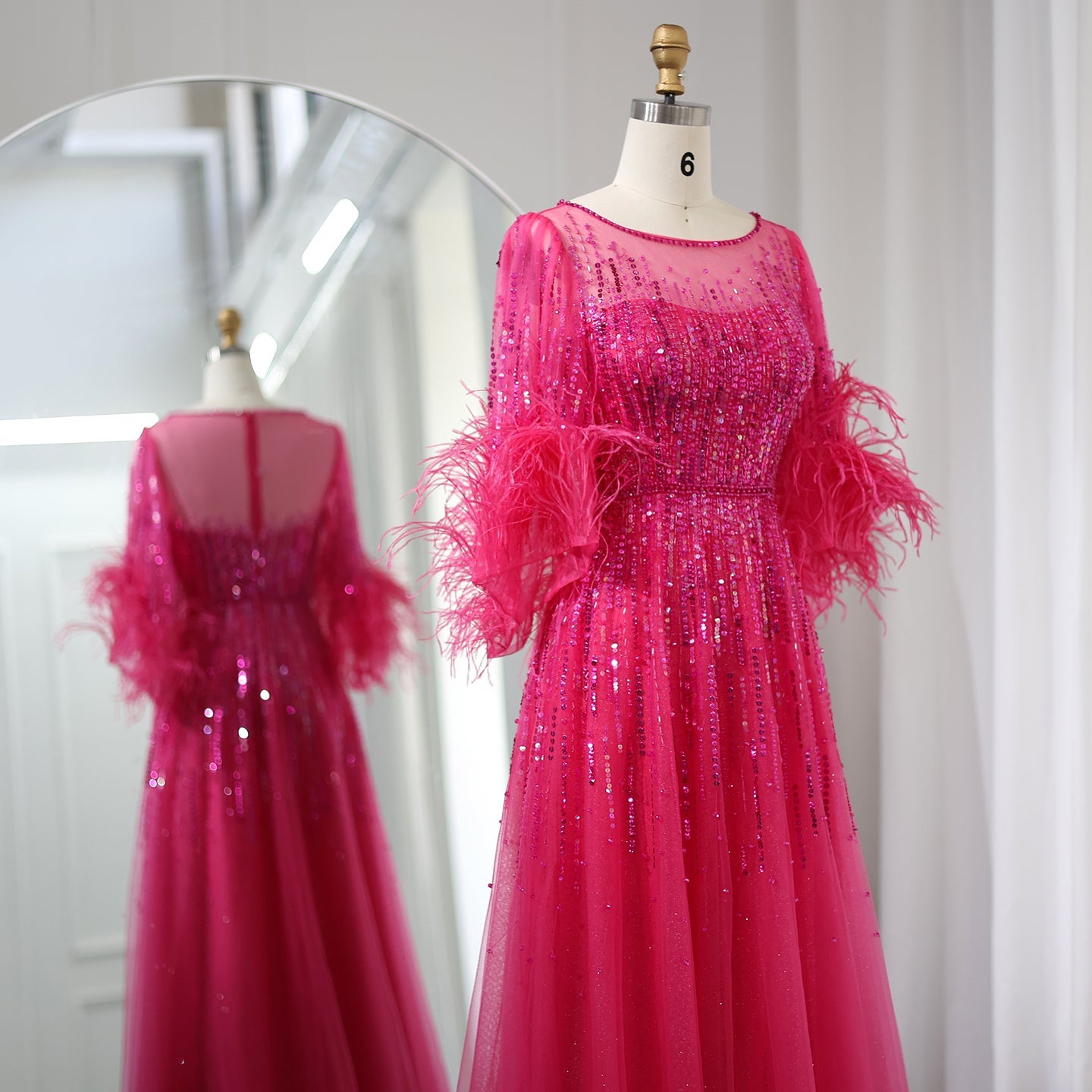 Half Sleeve Feather Sparkly Sequin Formal Evening Gown for Women SS339 Sheer Fairy