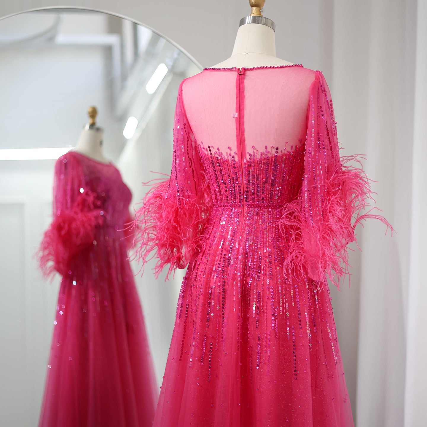 Half Sleeve Feather Sparkly Sequin Formal Evening Gown for Women SS339 Sheer Fairy