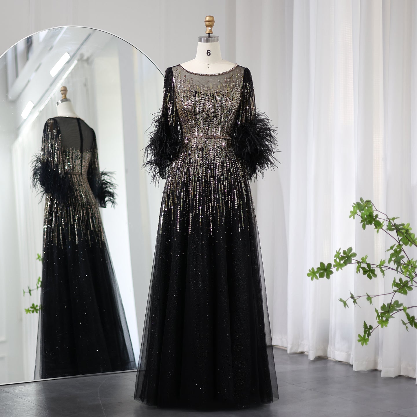 Half Sleeve Feather Sparkly Sequin Formal Evening Gown for Women SS339 Sheer Fairy