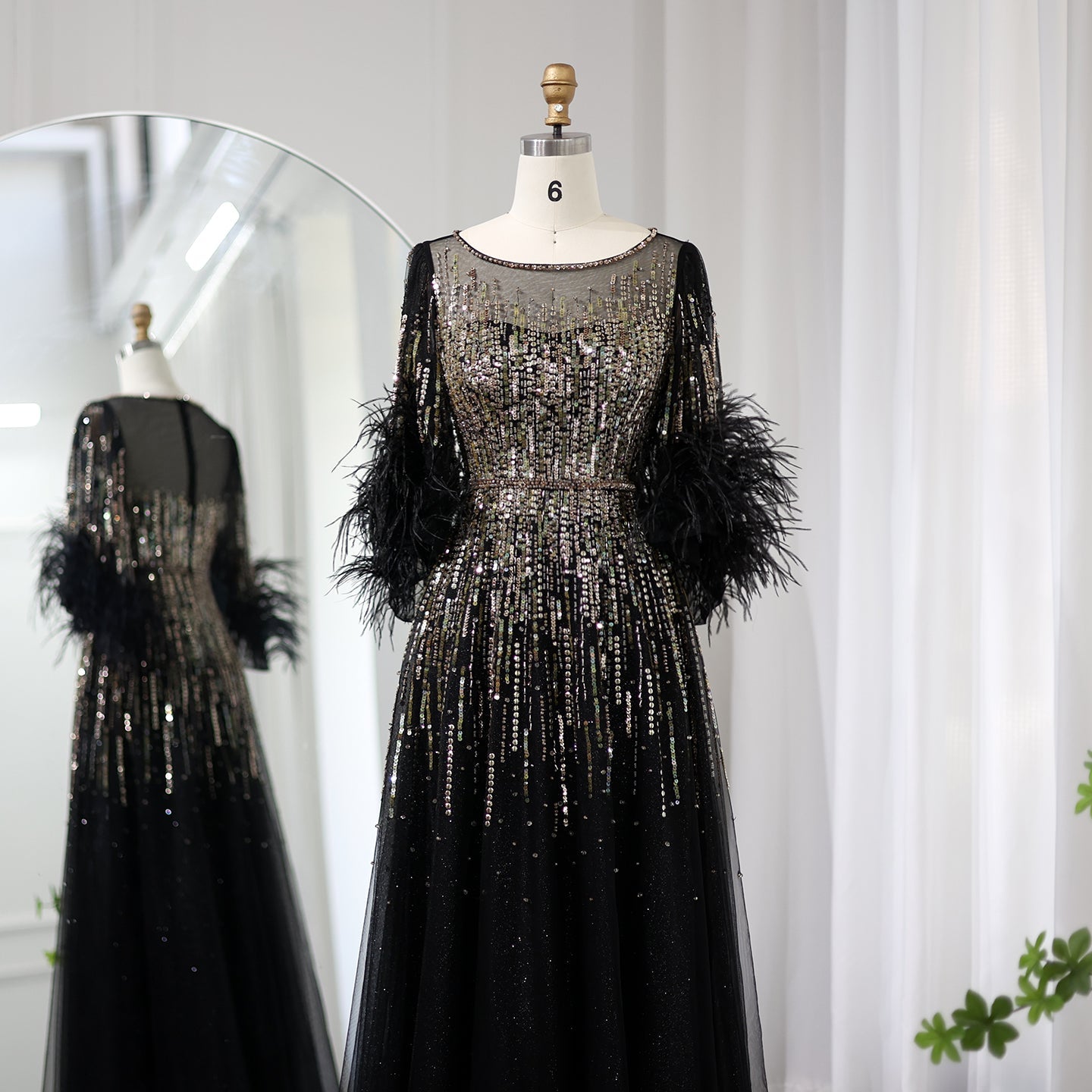 Half Sleeve Feather Sparkly Sequin Formal Evening Gown for Women SS339 Sheer Fairy