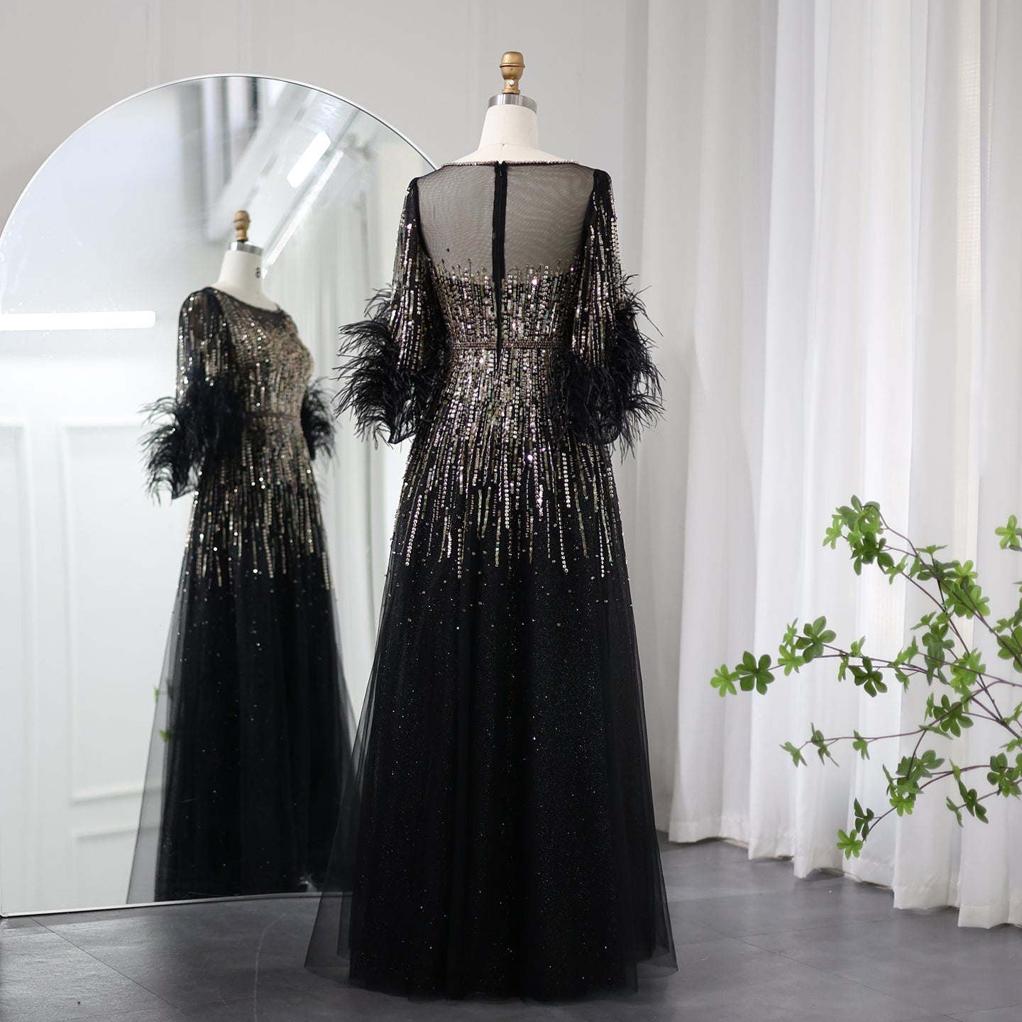 Half Sleeve Feather Sparkly Sequin Formal Evening Gown for Women SS339 Sheer Fairy