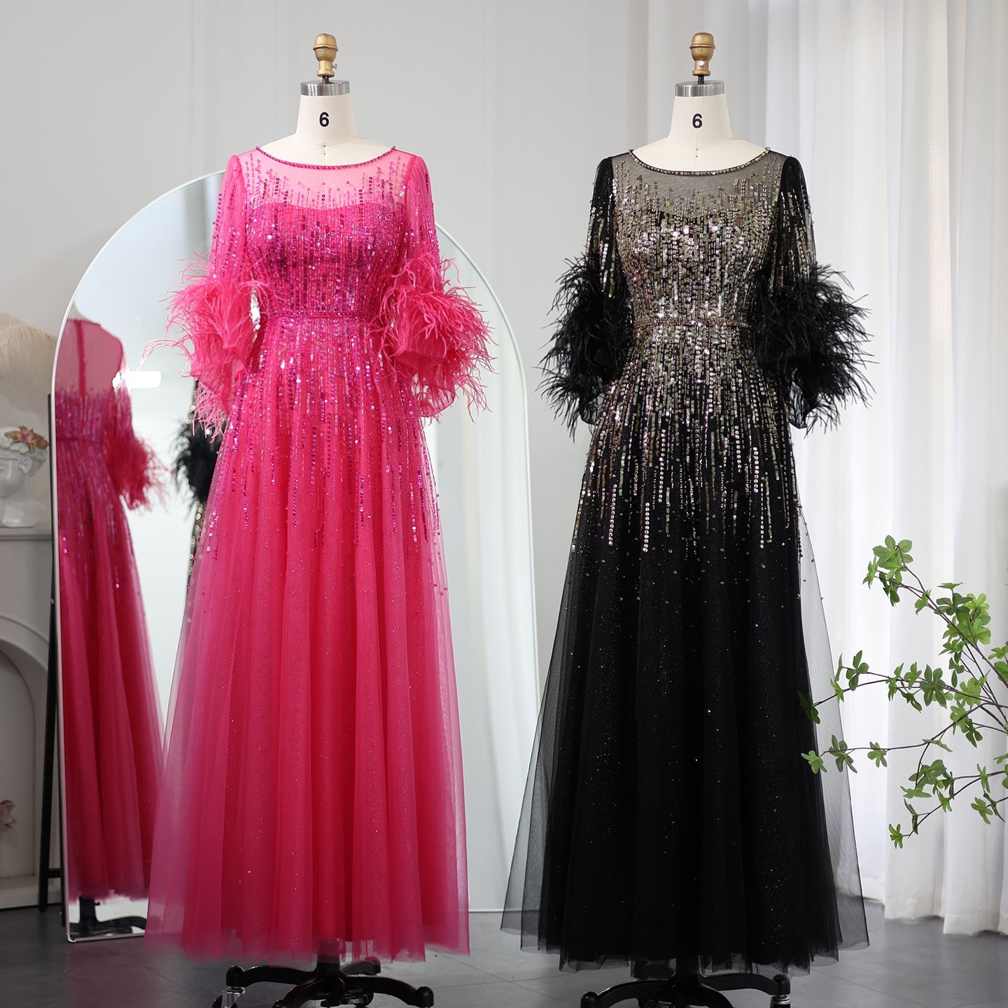 Half Sleeve Feather Sparkly Sequin Formal Evening Gown for Women SS339 Sheer Fairy