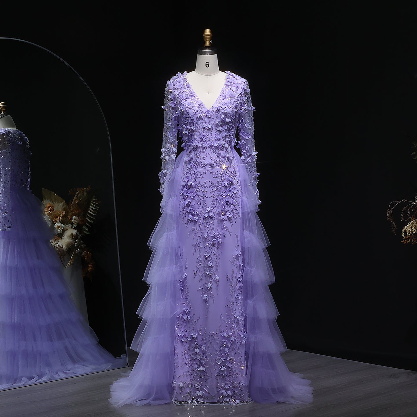 Lilac 3D Floral Beaded Mermaid Long Sleeves Evening Dress SS637