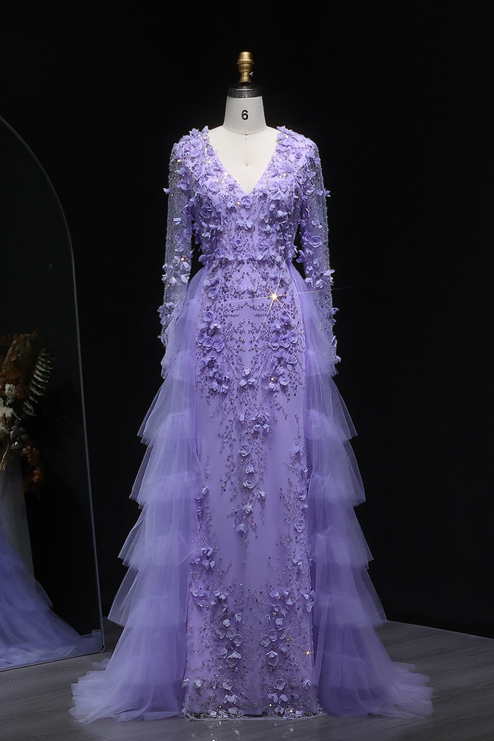 Lilac 3D Floral Beaded Mermaid Long Sleeves Evening Dress SS637 Sheer Fairy