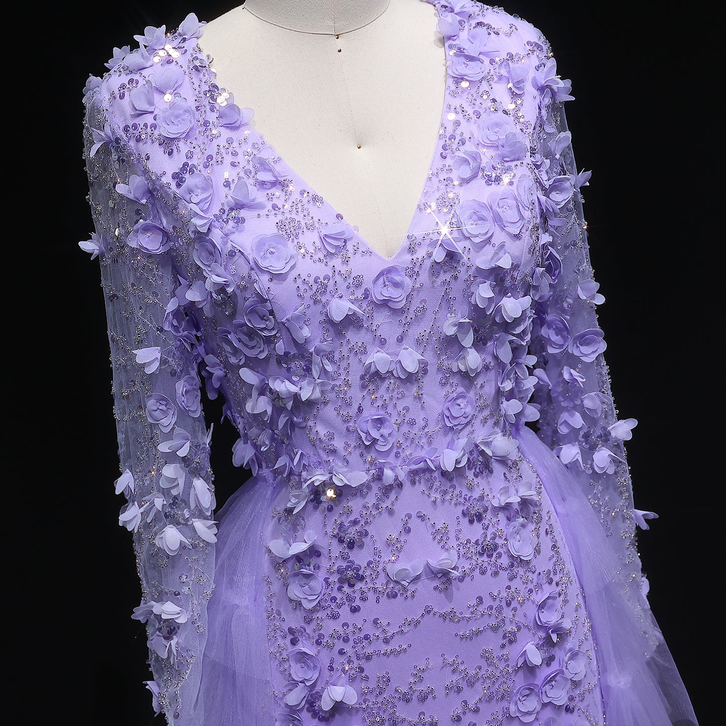 Lilac 3D Floral Beaded Mermaid Long Sleeves Evening Dress SS637