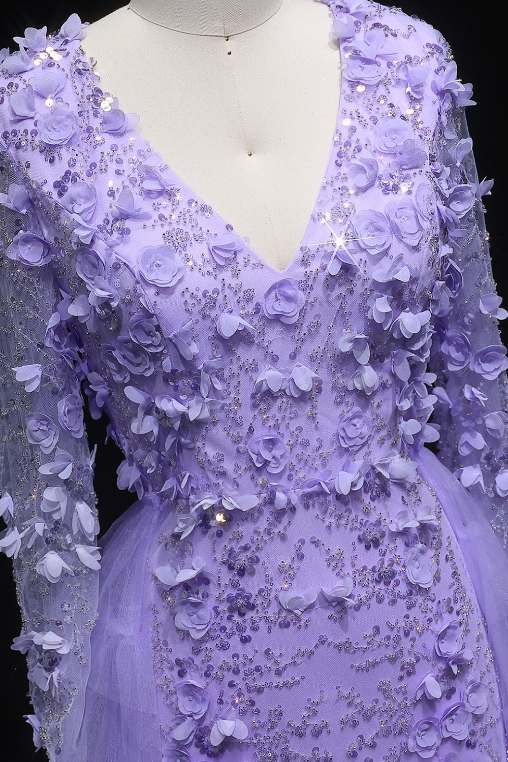 Lilac 3D Floral Beaded Mermaid Long Sleeves Evening Dress SS637 Sheer Fairy