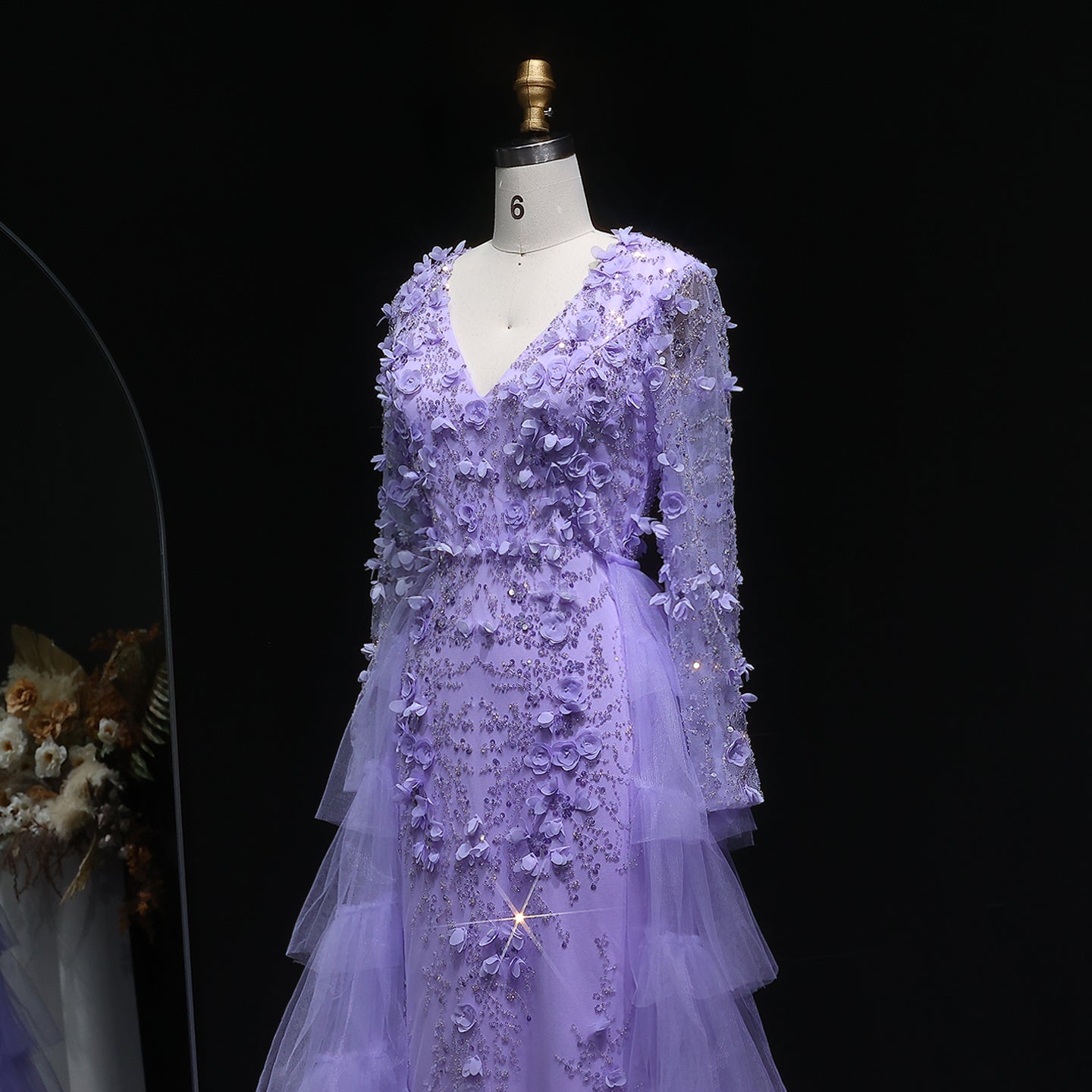 Lilac 3D Floral Beaded Mermaid Long Sleeves Evening Dress SS637