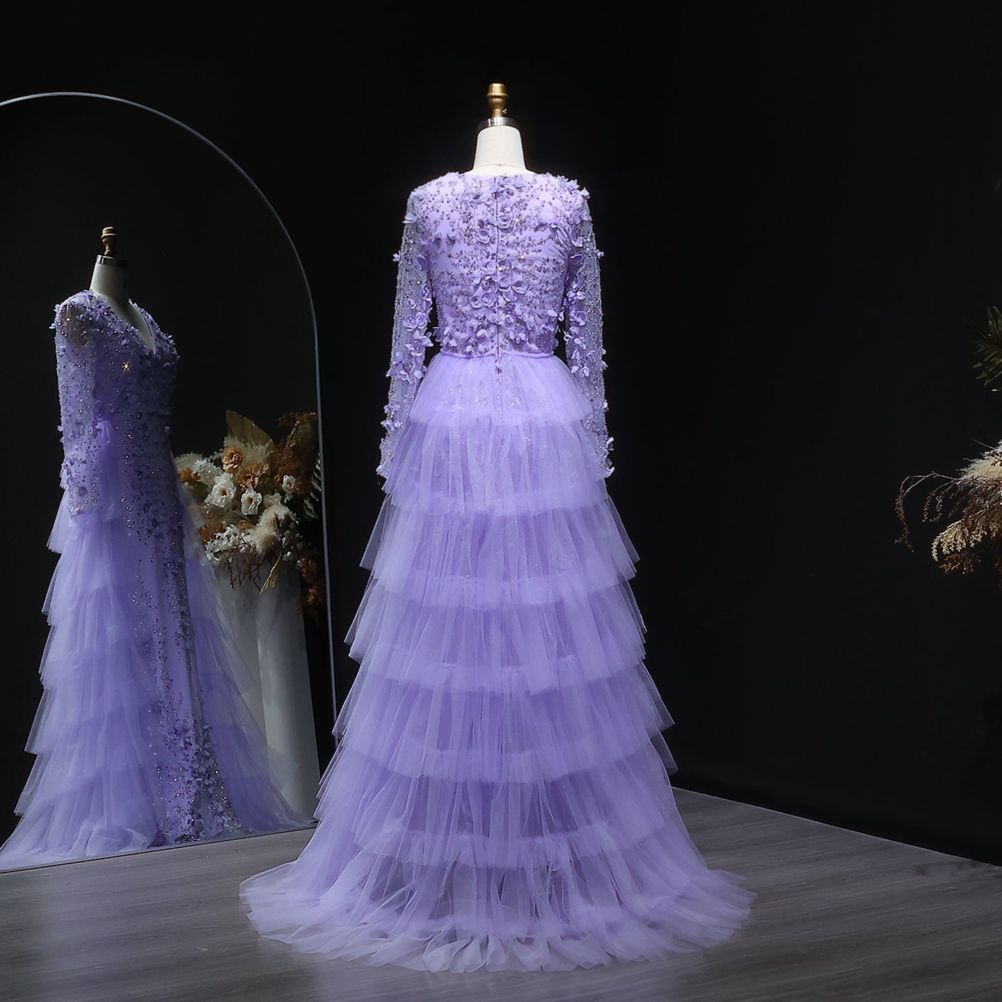 Lilac 3D Floral Beaded Mermaid Long Sleeves Evening Dress SS637