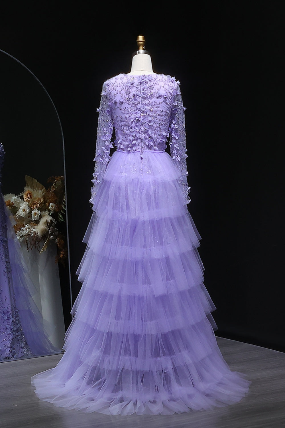 Lilac 3D Floral Beaded Mermaid Long Sleeves Evening Dress SS637 Sheer Fairy