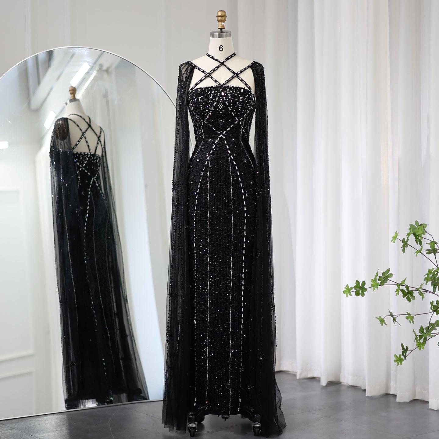 Luxury Lavender Beaded Mermaid Evening Gown with Detachable Cape Sleeves SS391 Sheer Fairy