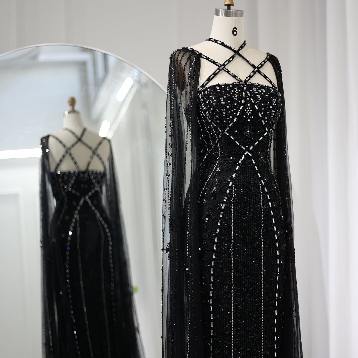 Luxury Lavender Beaded Mermaid Evening Gown with Detachable Cape Sleeves SS391 Sheer Fairy