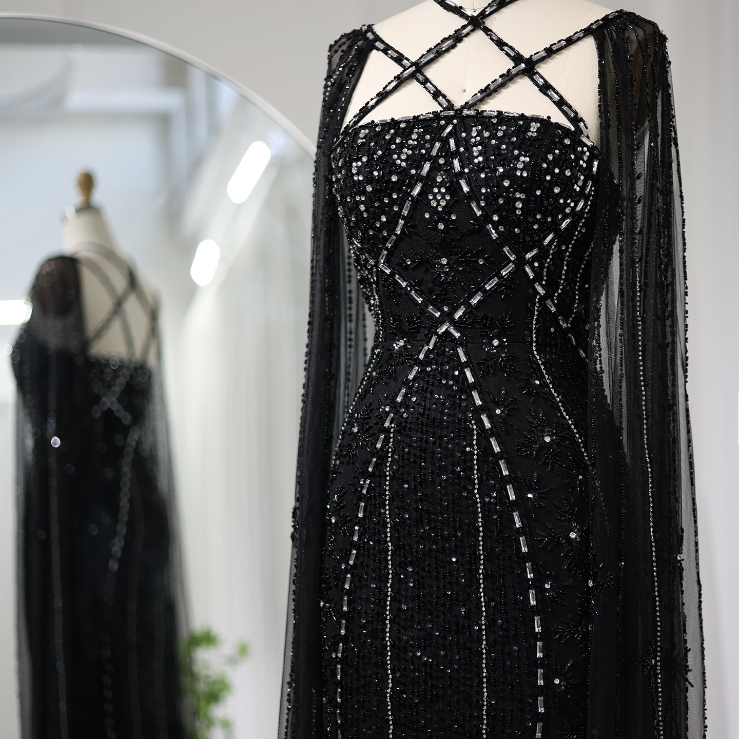 Luxury Lavender Beaded Mermaid Evening Gown with Detachable Cape Sleeves SS391 Sheer Fairy