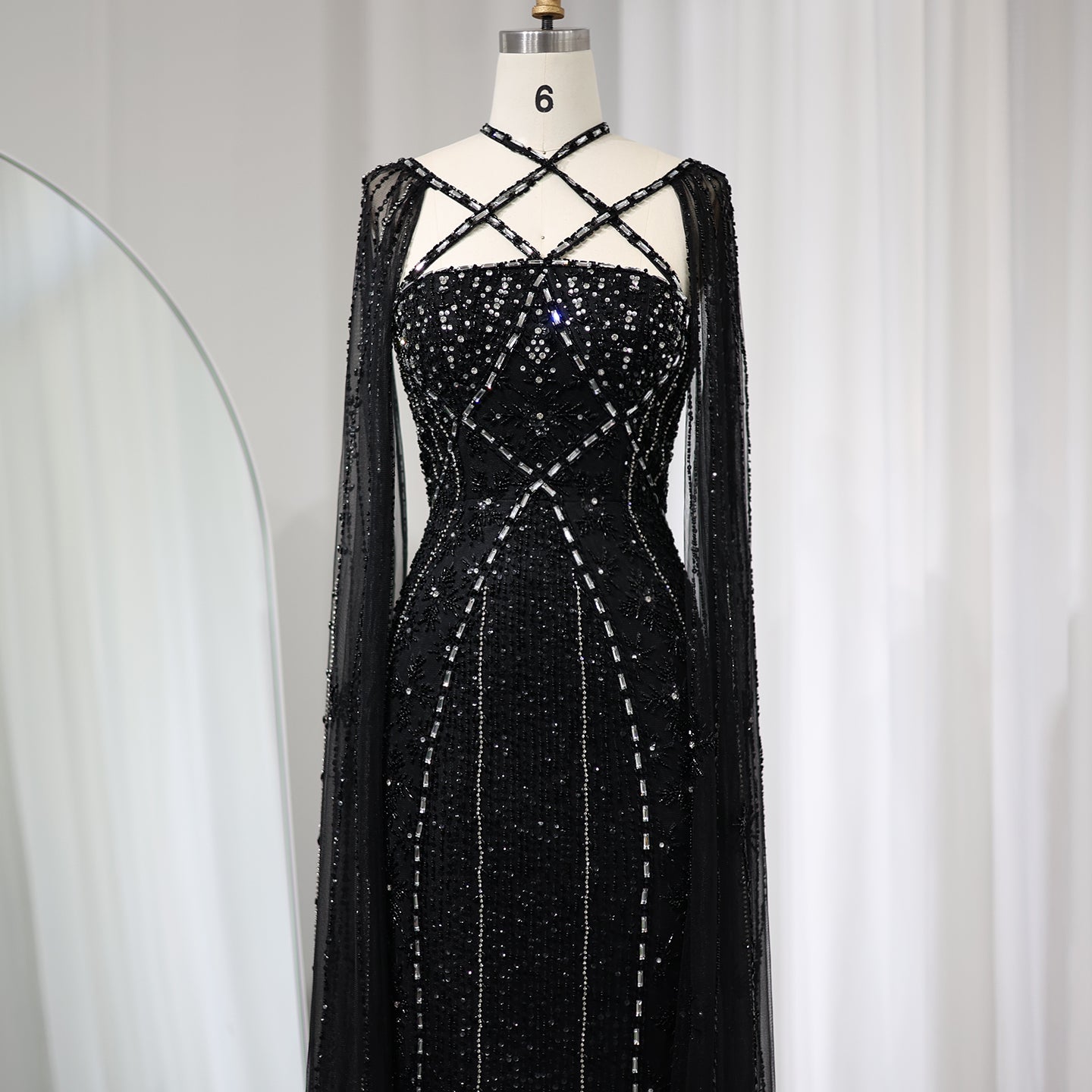 Luxury Lavender Beaded Mermaid Evening Gown with Detachable Cape Sleeves SS391 Sheer Fairy
