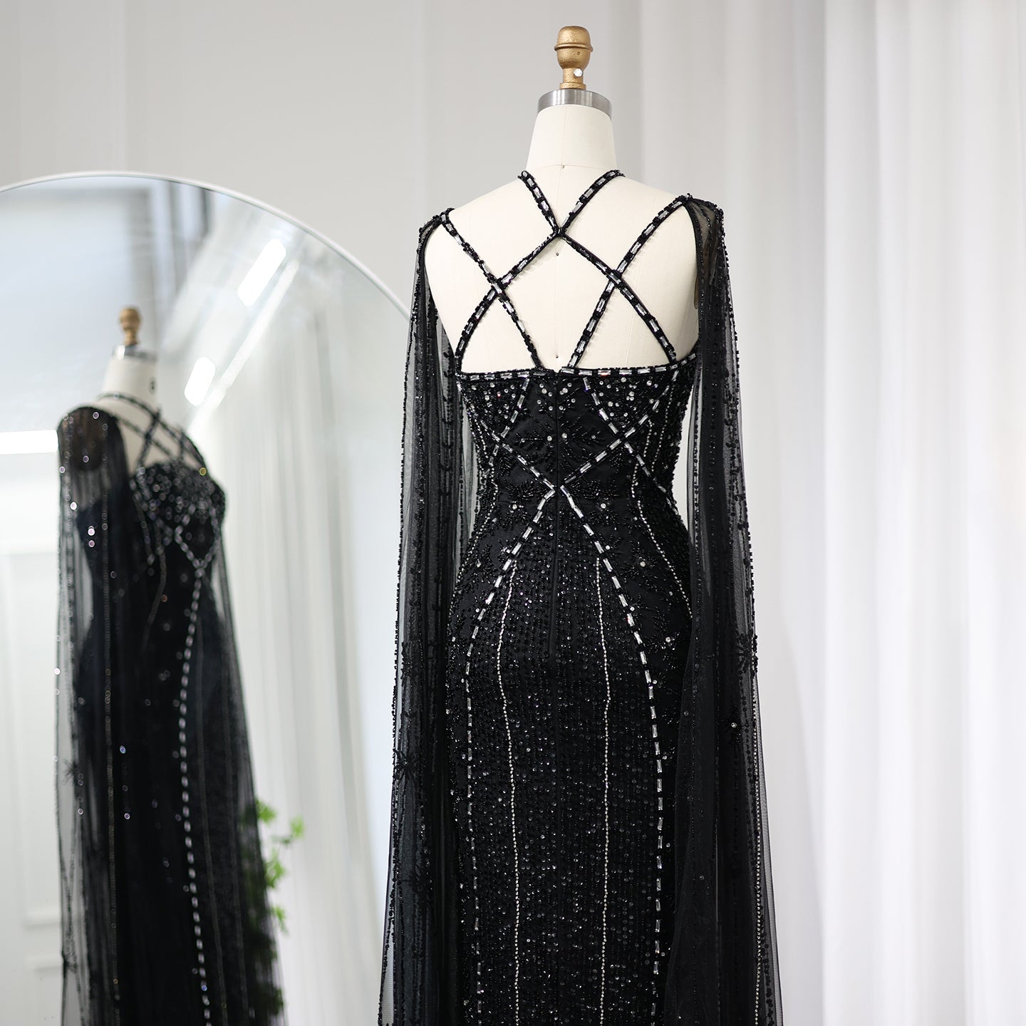 Luxury Lavender Beaded Mermaid Evening Gown with Detachable Cape Sleeves SS391 Sheer Fairy