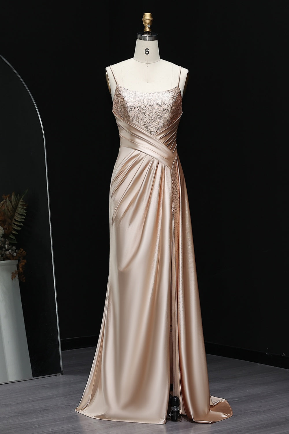 Blush Satin Square Neck Sheath Champagne Prom Dress SH503 Sheer Fairy