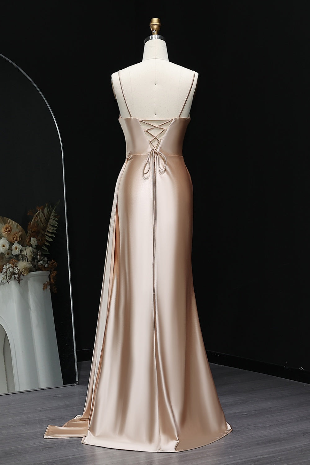 Blush Satin Square Neck Sheath Champagne Prom Dress SH503 Sheer Fairy