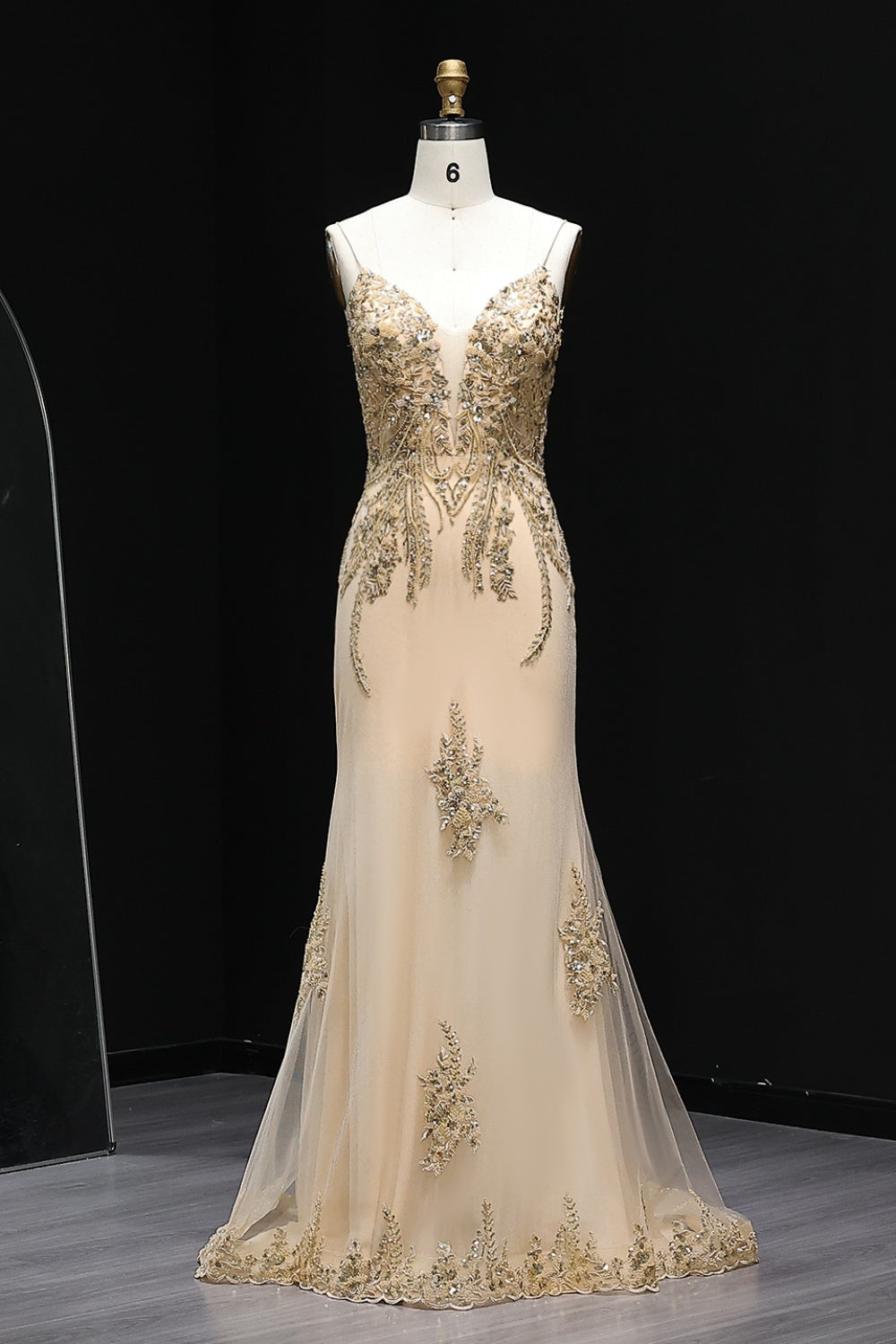 Champagne Gold Beaded Deep V-Neck Mermaid Prom Dress SH505 Sheer Fairy