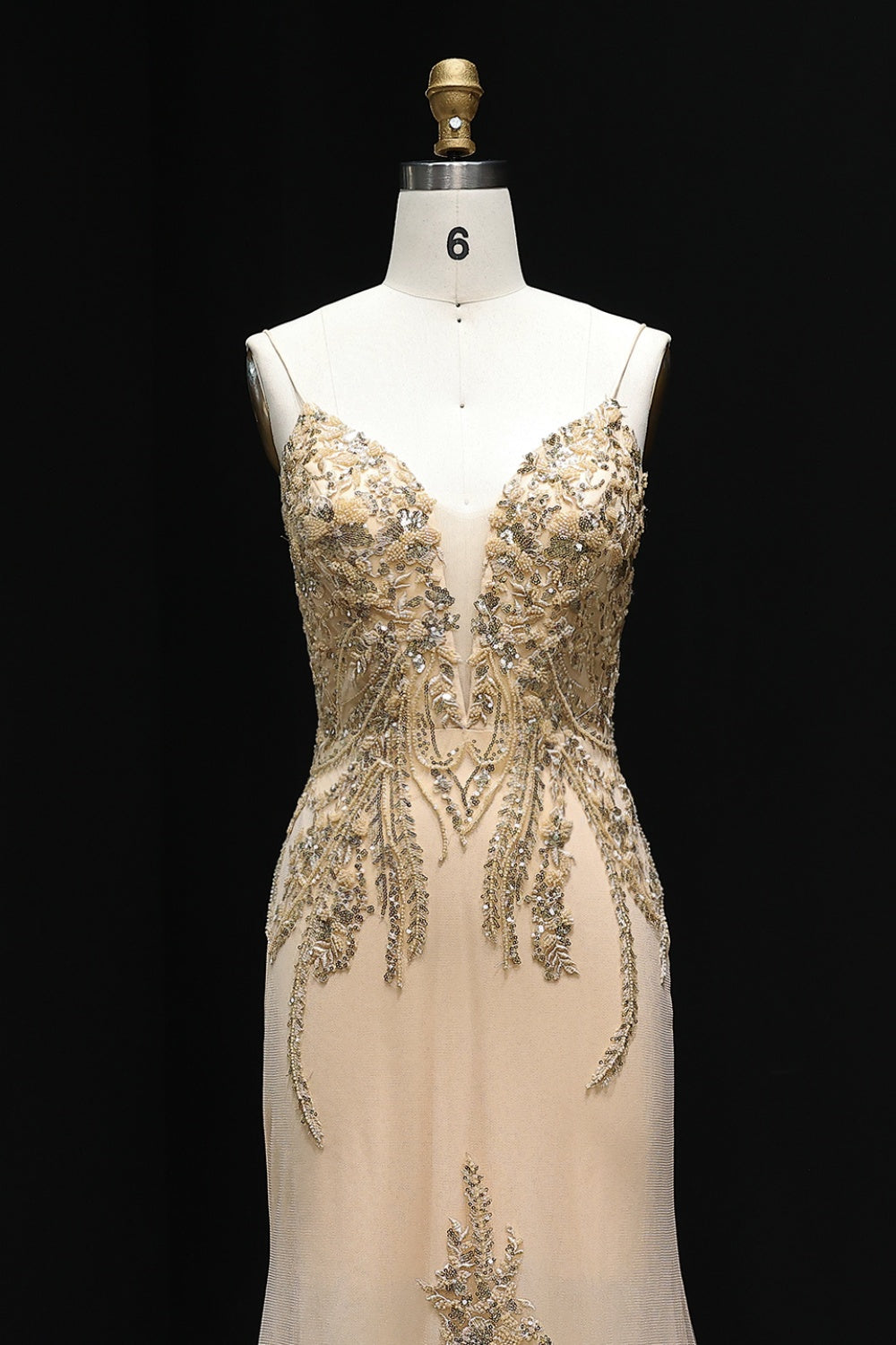 Champagne Gold Beaded Deep V-Neck Mermaid Prom Dress SH505 Sheer Fairy