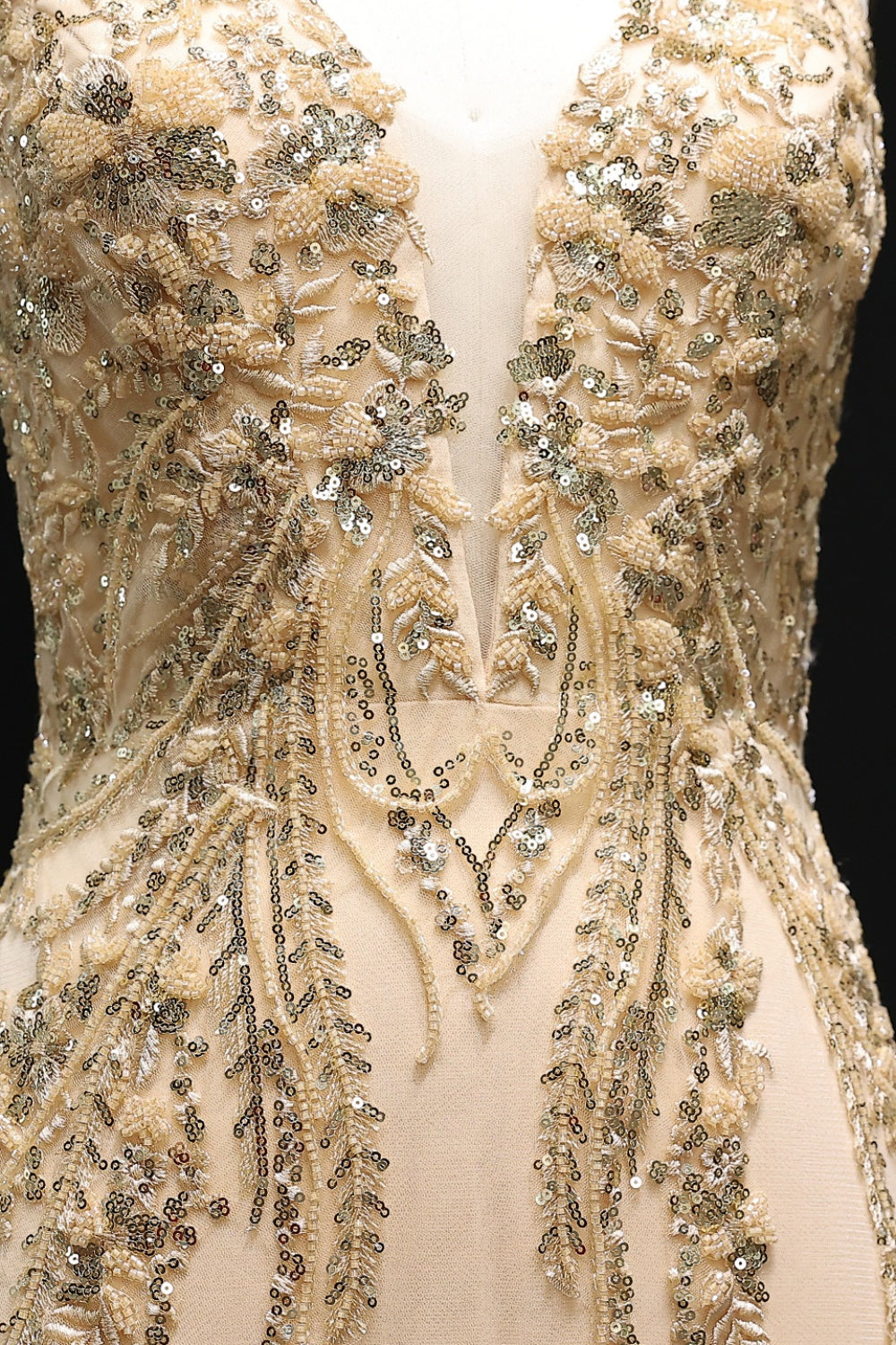 Champagne Gold Beaded Deep V-Neck Mermaid Prom Dress SH505 Sheer Fairy