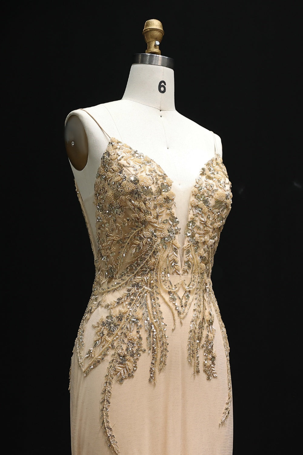 Champagne Gold Beaded Deep V-Neck Mermaid Prom Dress SH505 Sheer Fairy