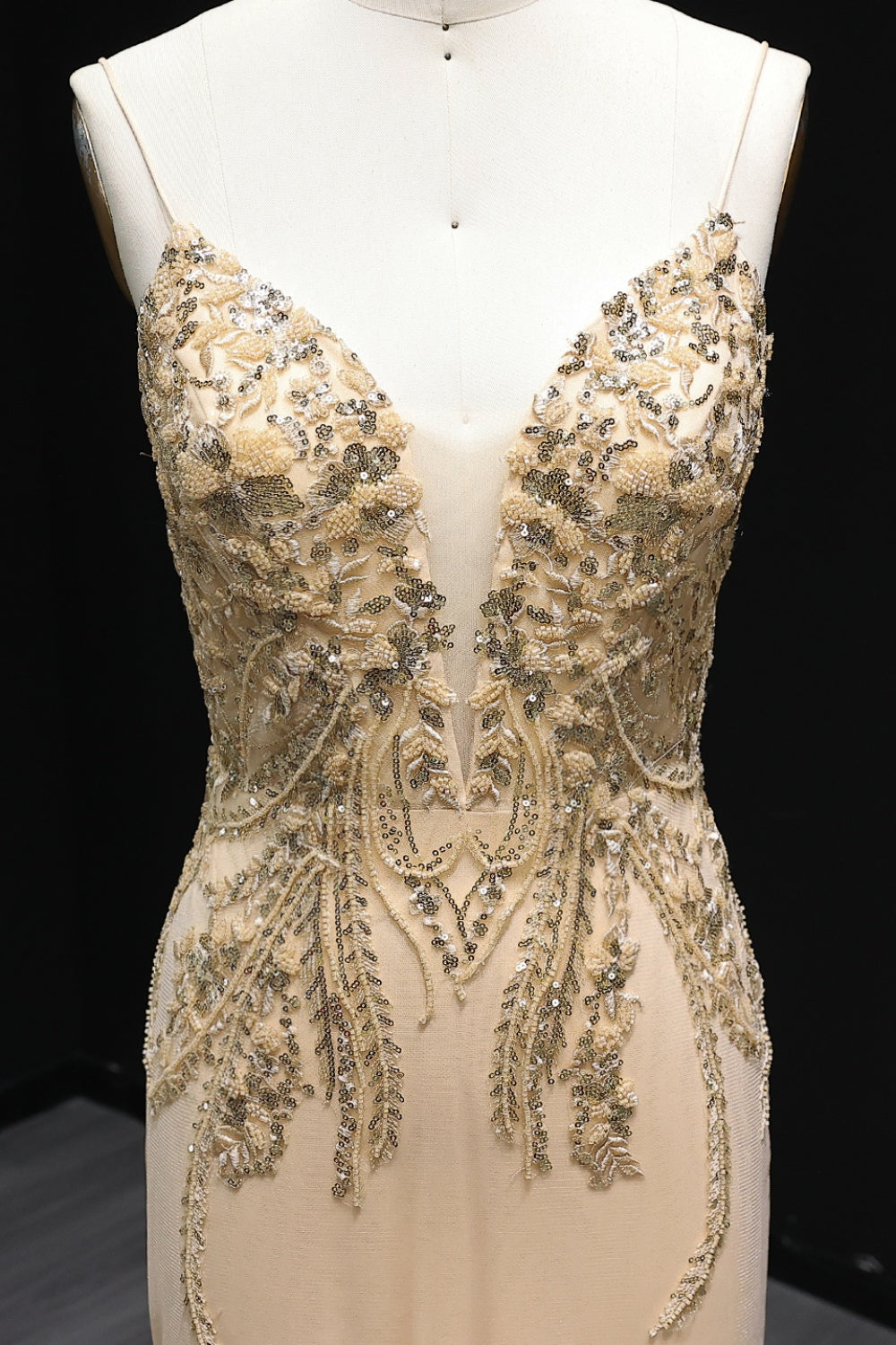 Champagne Gold Beaded Deep V-Neck Mermaid Prom Dress SH505 Sheer Fairy