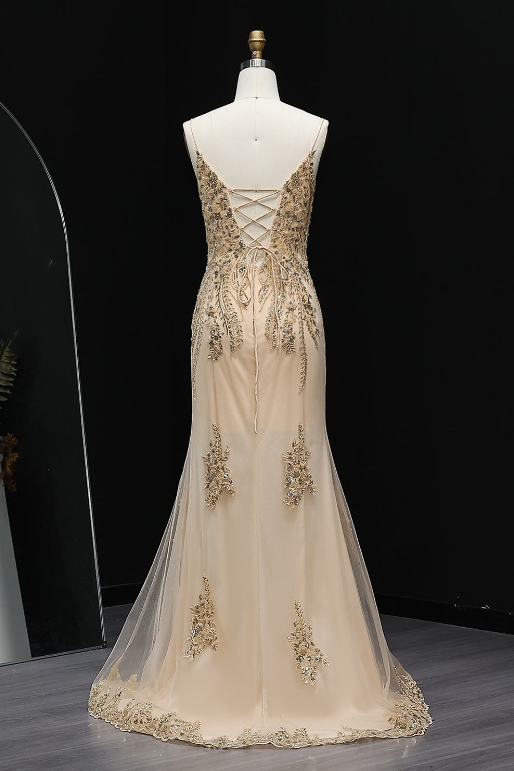 Champagne Gold Beaded Deep V-Neck Mermaid Prom Dress SH505 Sheer Fairy
