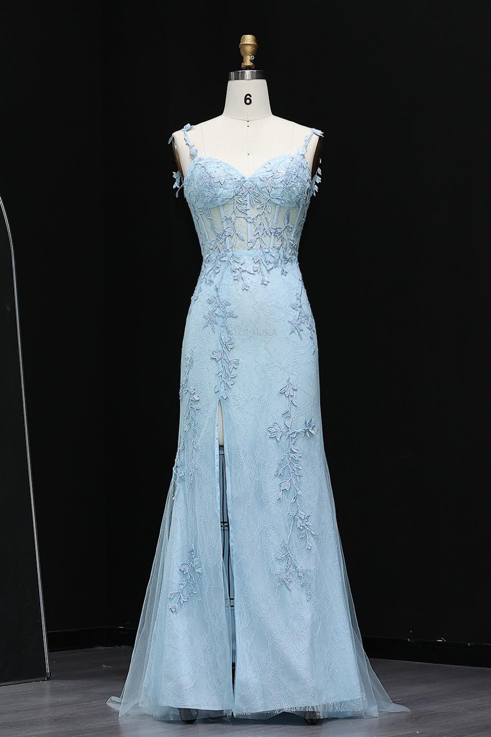 Light Blue Lace Spaghetti Straps Mermaid Prom Dress SH506 Sheer Fairy